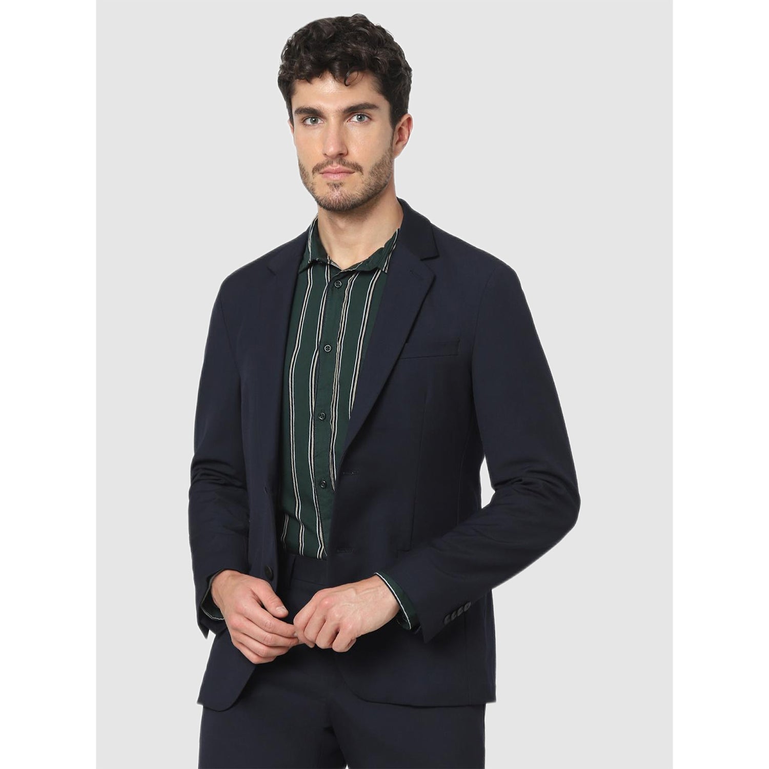 Navy Blue Solid Long Sleeves Formal Blazer (CUSEVERIN)