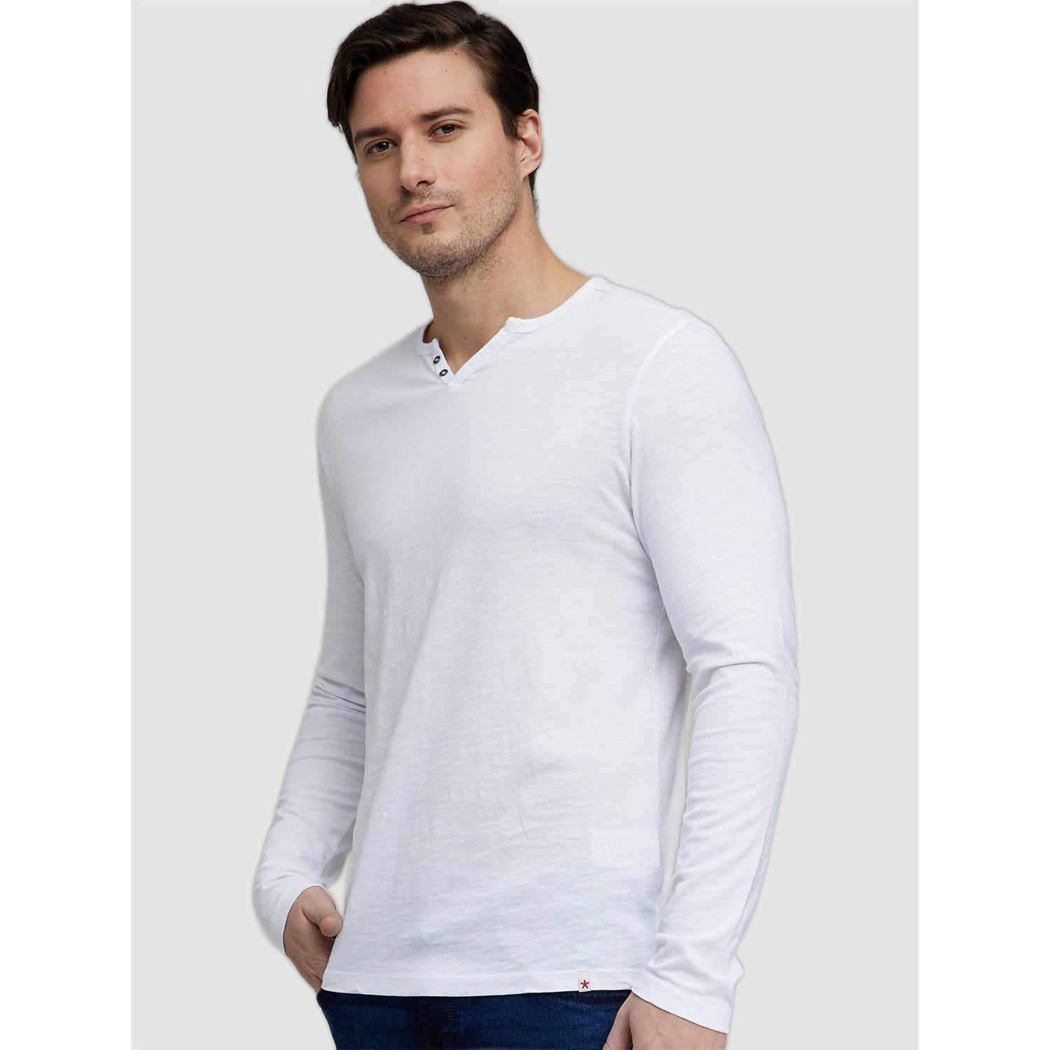 White Henley Neck Cotton T-shirt (ECABELONG2)