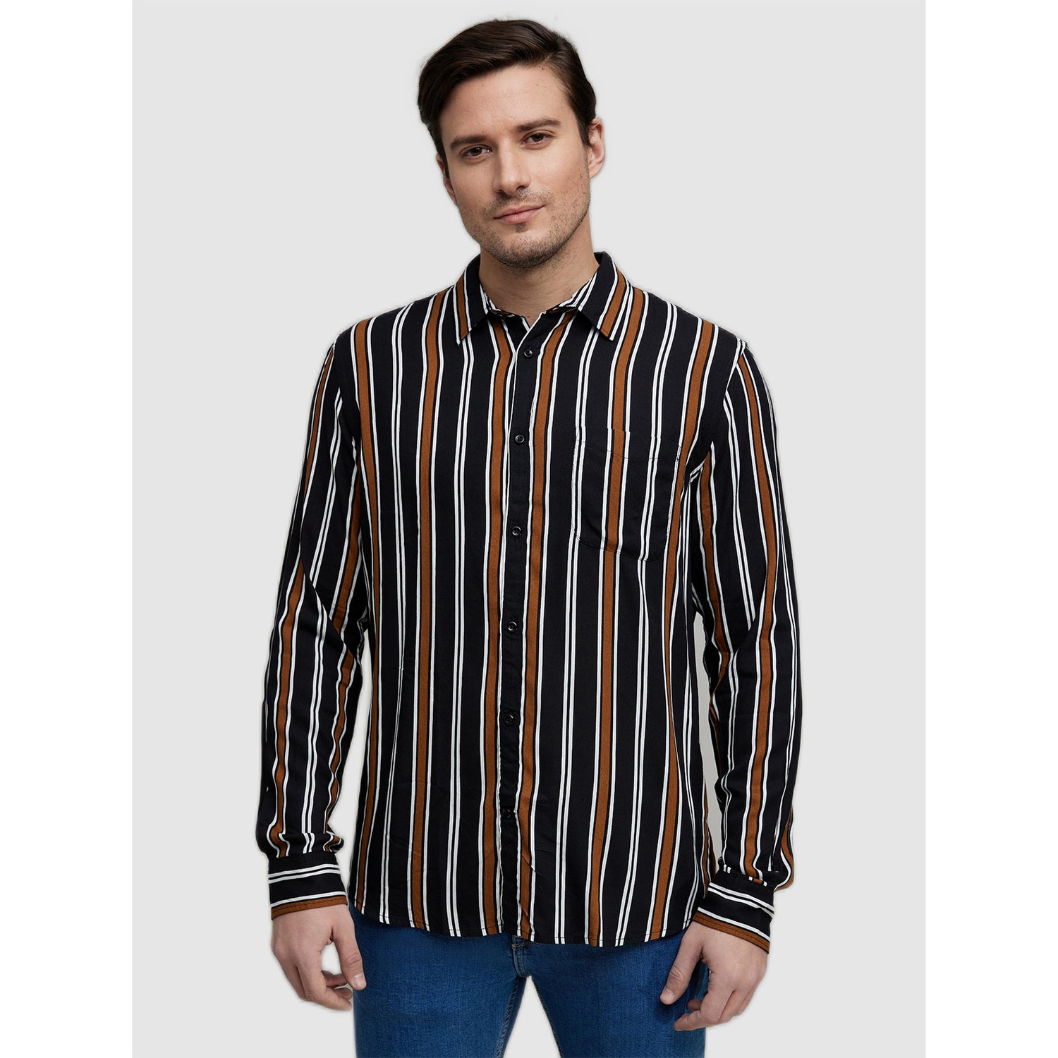 Black Striped Long Sleeves Classic Casual Shirt (CAVISLINE)