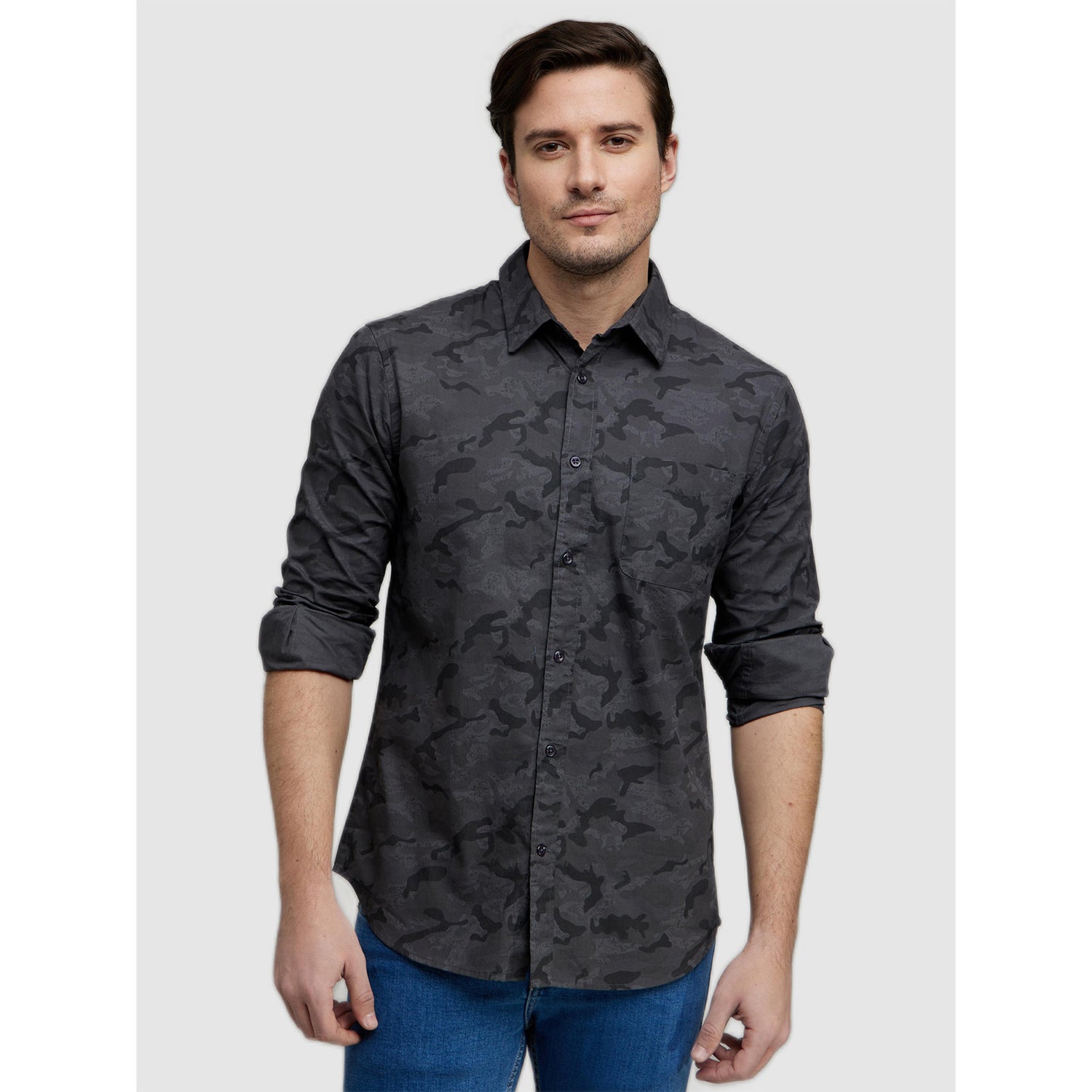 Charcoal Straight Slim Fit Printed Casual Cotton Shirt (CACAM)