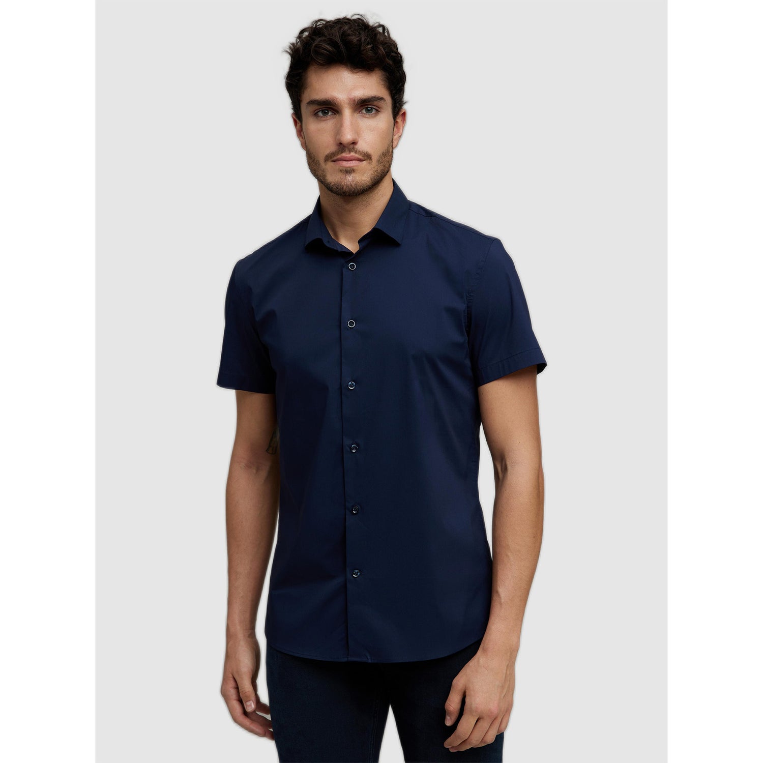 Navy Blue Solid Cotton Straight Slim Fit Casual Shirt (CASLIM)