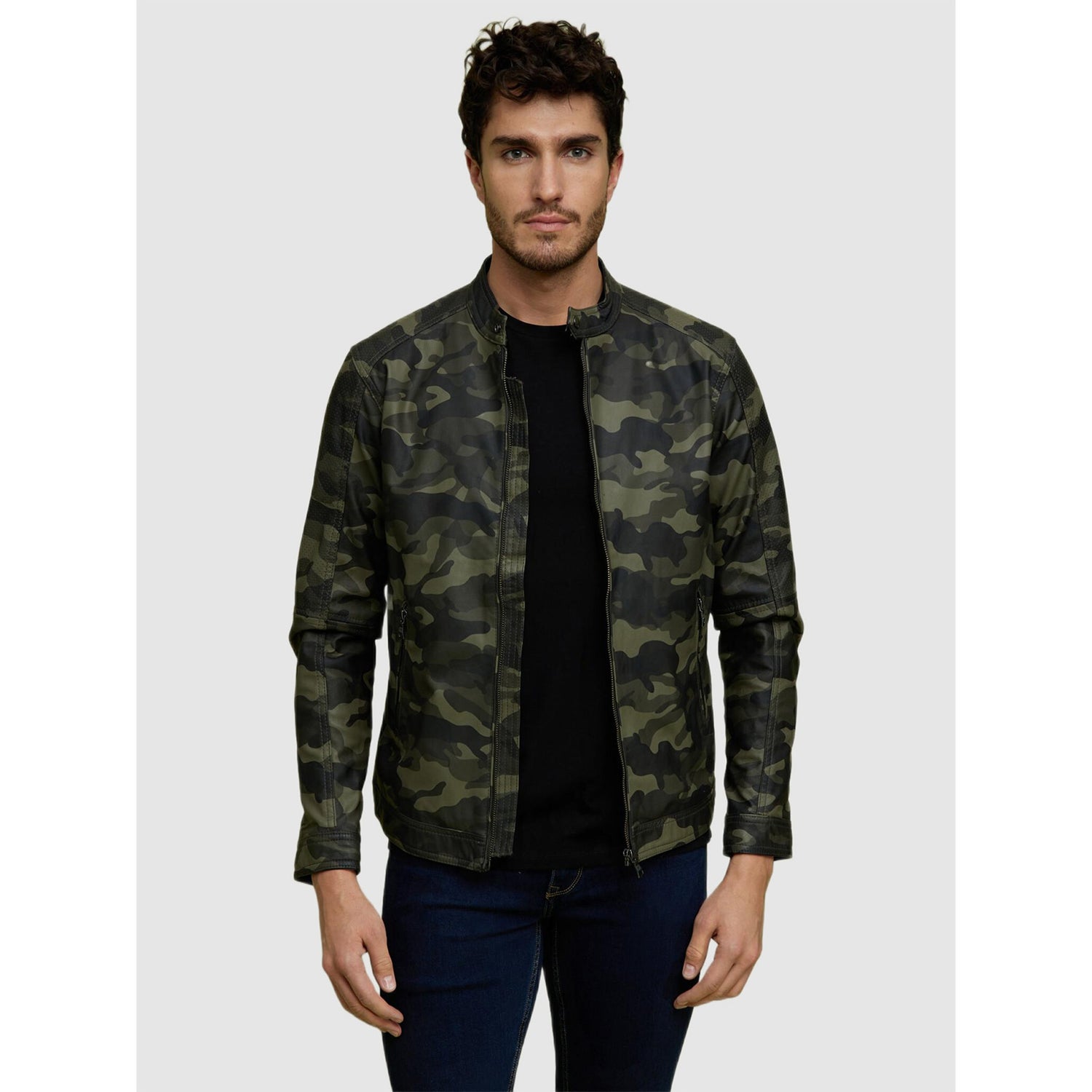 Black and Olive Green Camouflage Long Sleeves Open Front Jacket (VUCAMBI)