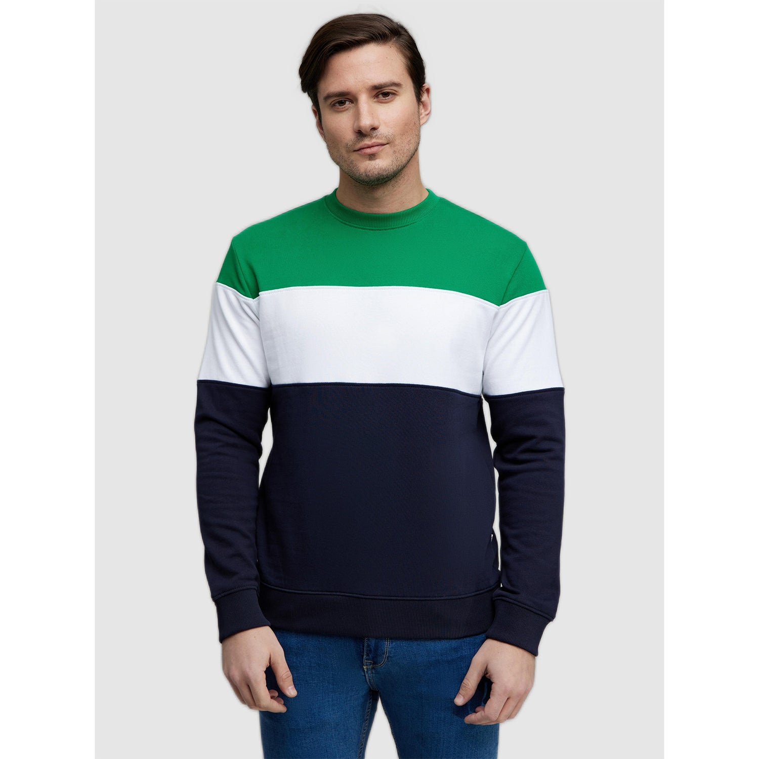 Navy Blue and White Colourblocked Cotton Sweatshirt (ATERIBOR)