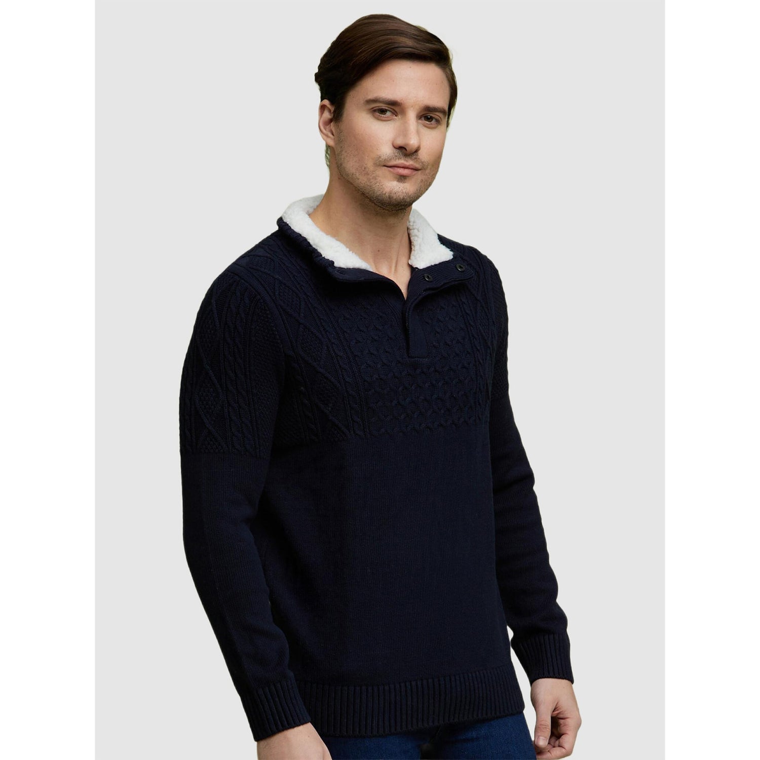 Navy Blue Self Design Cotton Long Sleeves Pullover Sweater (CEVIKING)