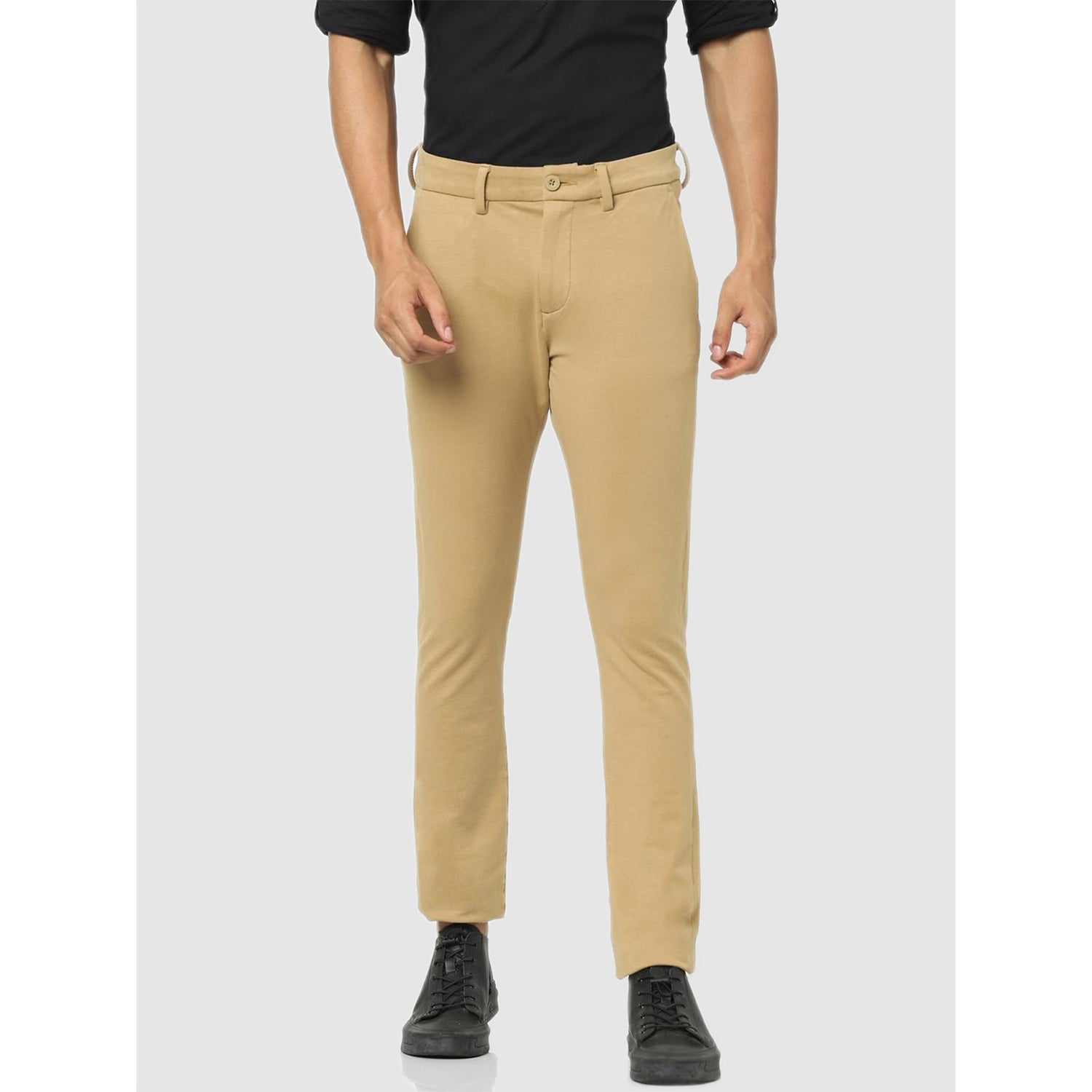 Beige Classic Regular Fit Solid Trousers (COKNIT)