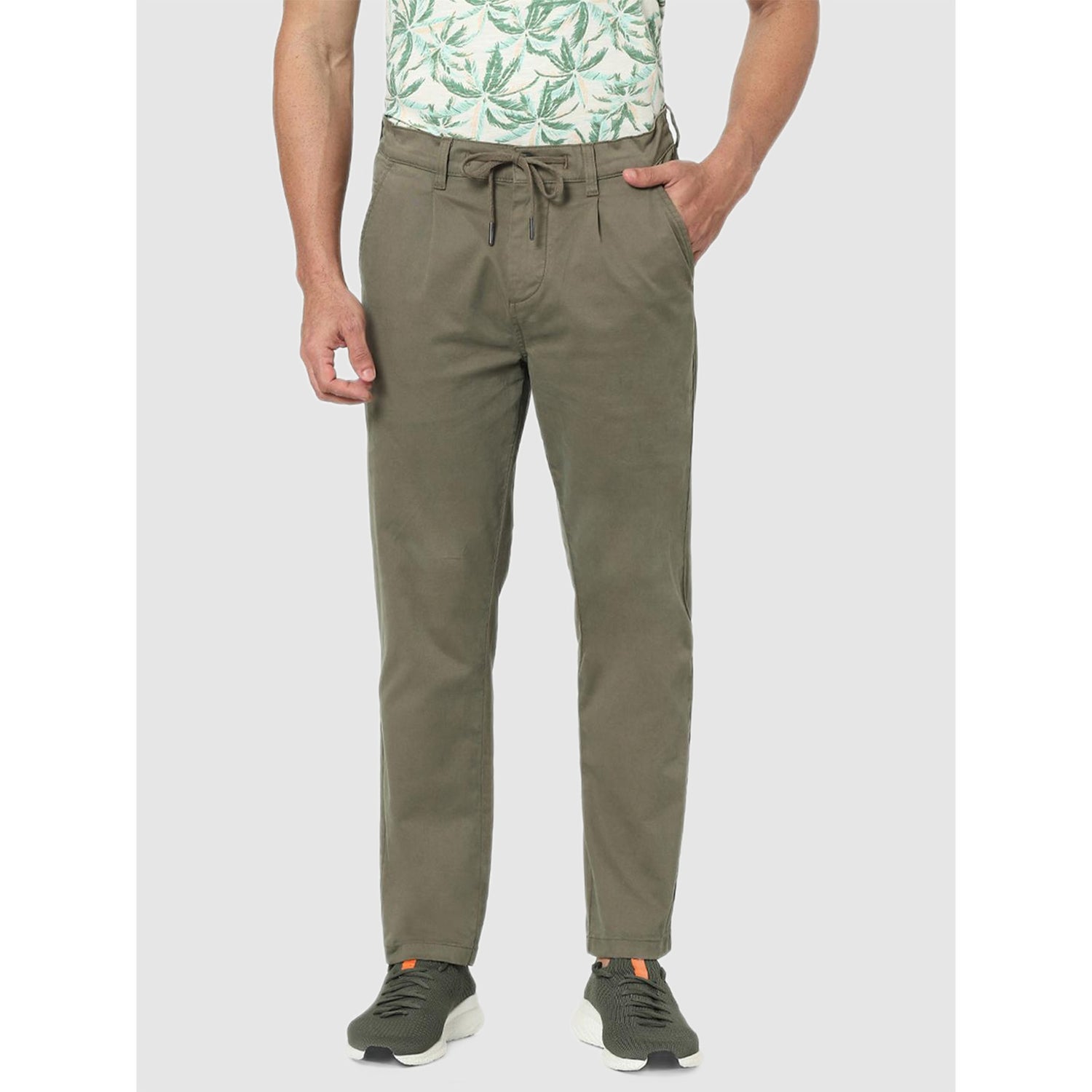 Olive Green Pleated Cotton Chinos Trousers (COCHICROP)