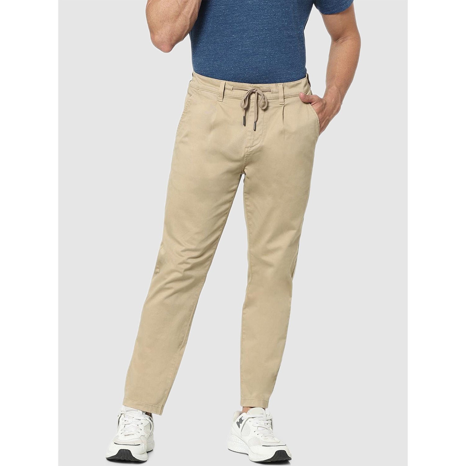 Beige Green Pleated Cotton Chinos Trousers (COCHICROP)
