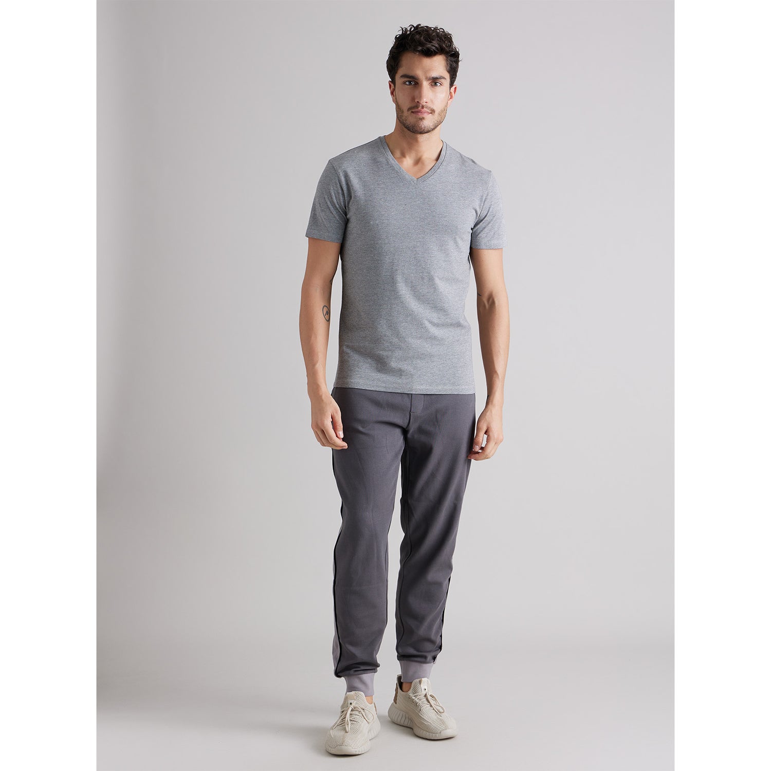 Grey V-Neck Short Sleeves Cotton T-shirt (NEUNIV)