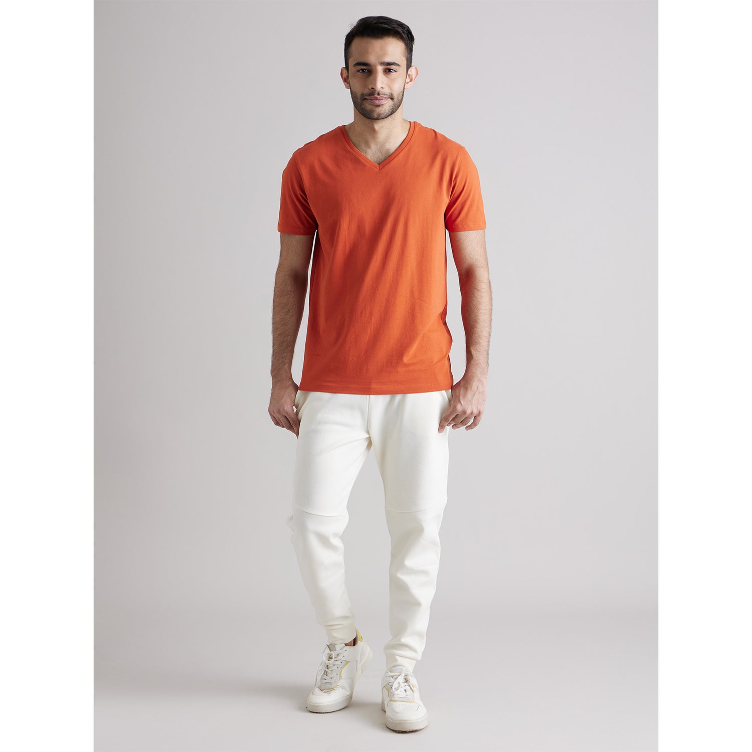 Brown V-Neck Short Sleeves Cotton T-shirt (NEUNIV)