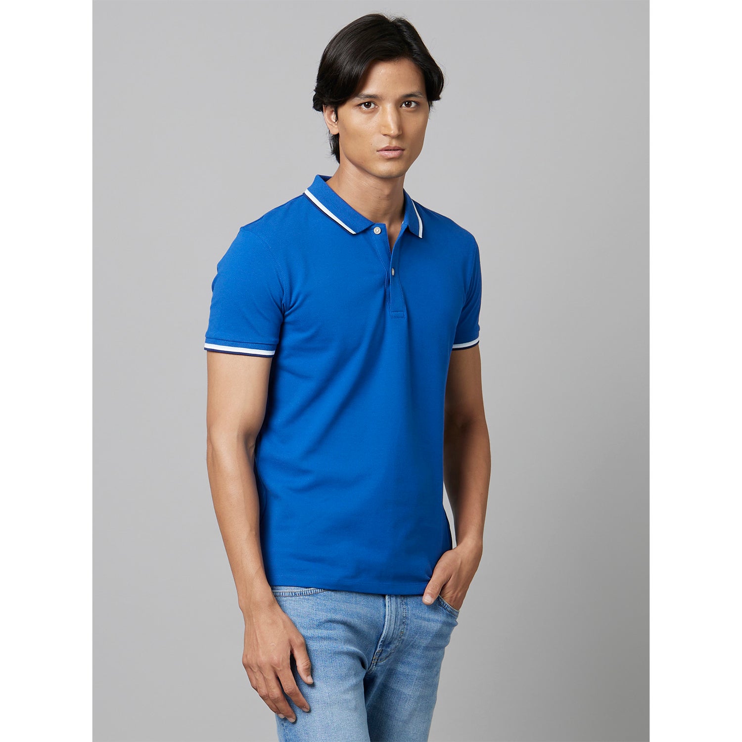 Blue Solid Short Sleeves Polo T-Shirt