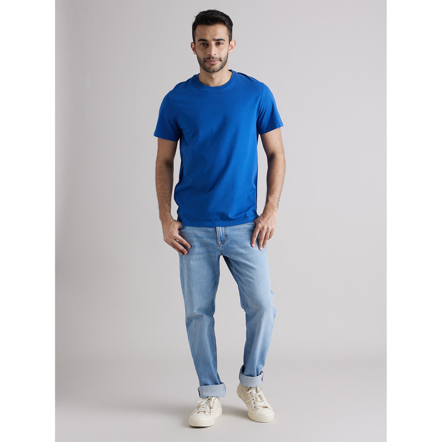 Blue Round Neck Cotton T-shirt (TEBASE)