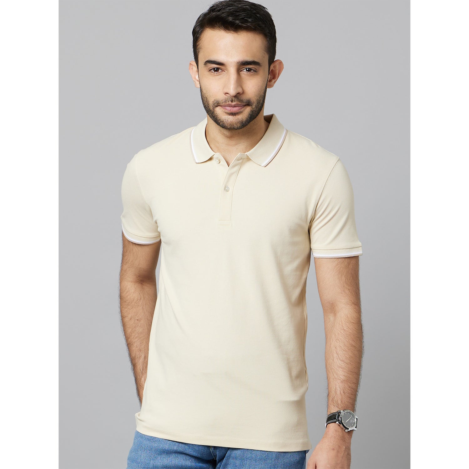 Beige Solid Cotton T-Shirt