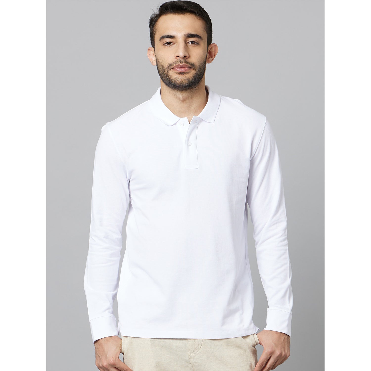 White Regular Fit Polo Collar Cotton Casual T-Shirt (CEONEML)