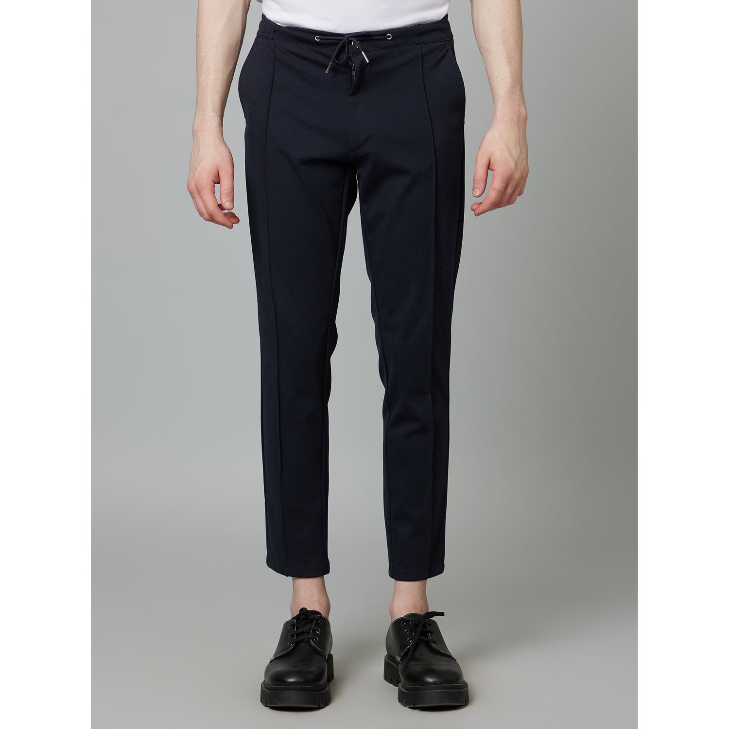 Navy Blue Mid-Rise Slim Fit Cropped Trousers (COBOZAL)