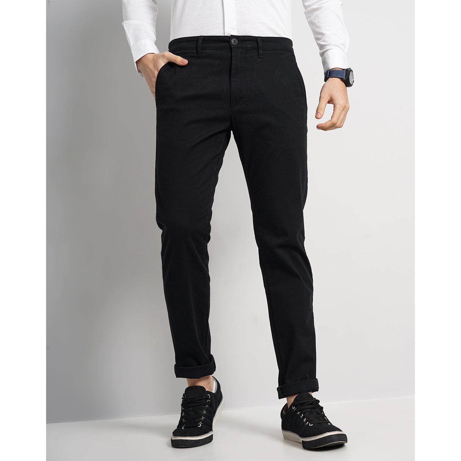 Black Mid Rise Plain Cotton Slim Fit Chinos Trousers (TOCHARLES)