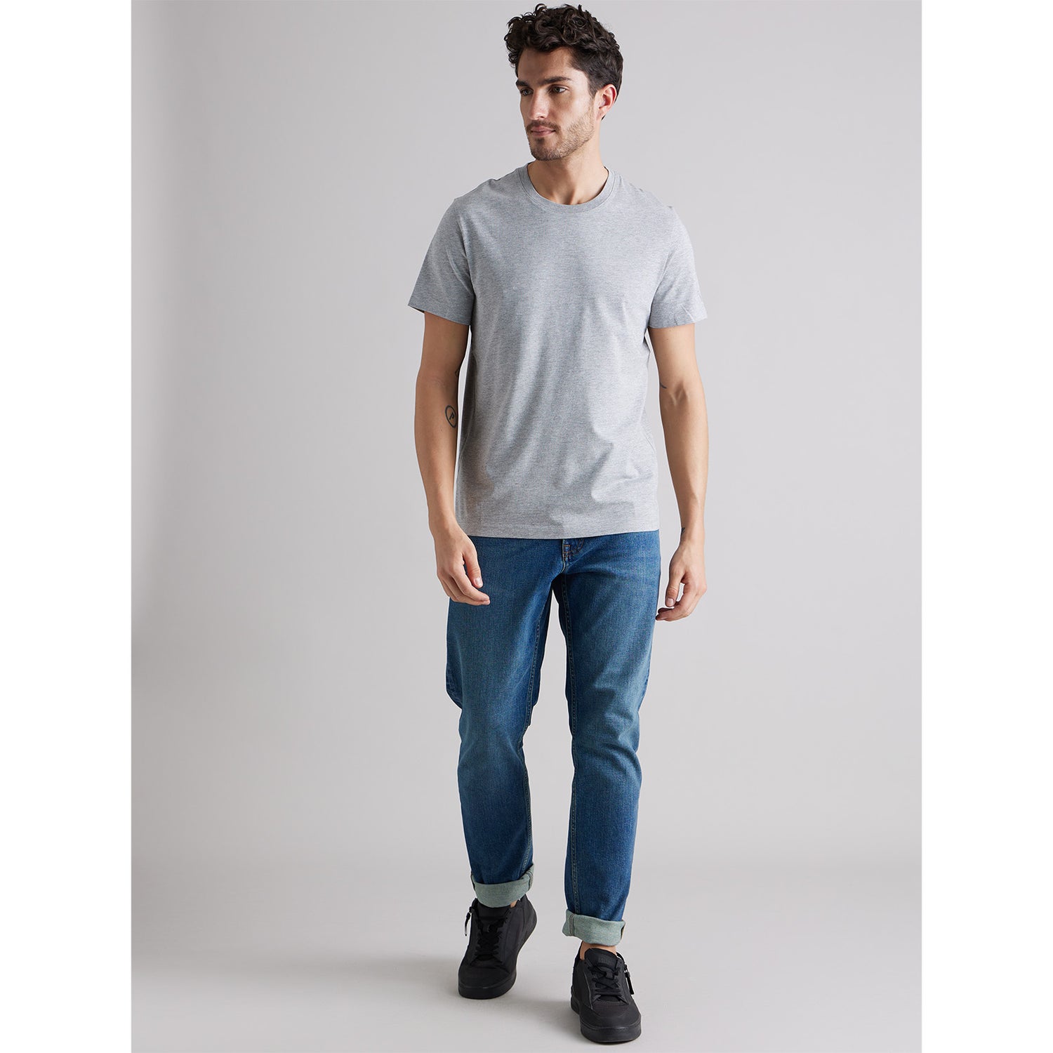 Grey Round Neck Cotton T-shirt (TEBASE)