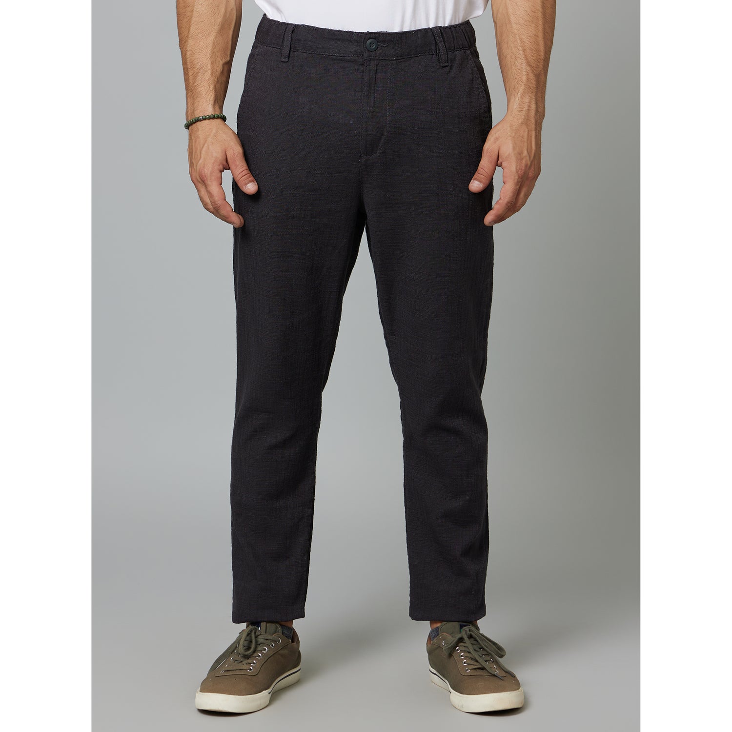 Grey Slim Fit Mid-Rise Cotton Casual Trousers (DOZAR)