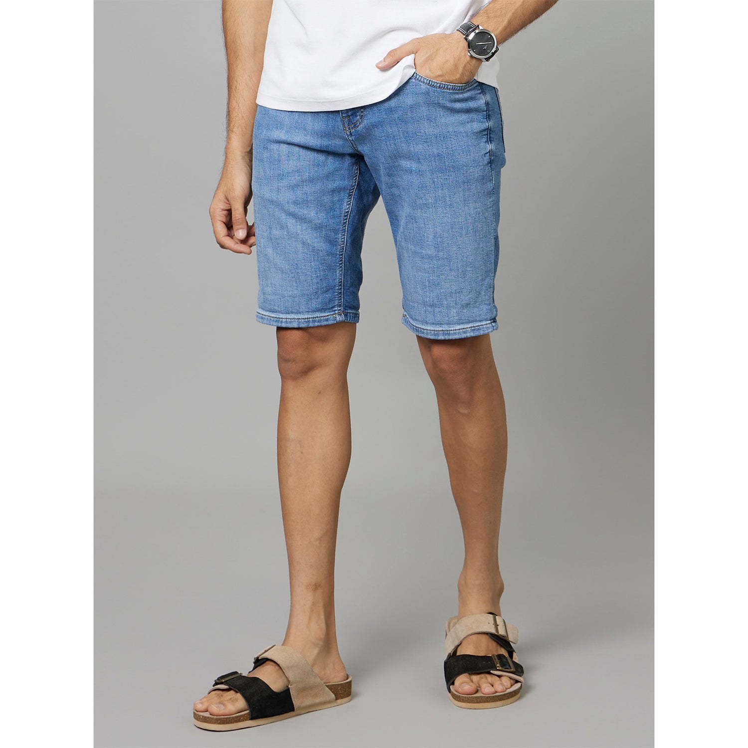 Blue Mid-Rise Regular Fit Cotton Denim Shorts (DOKNITBM)