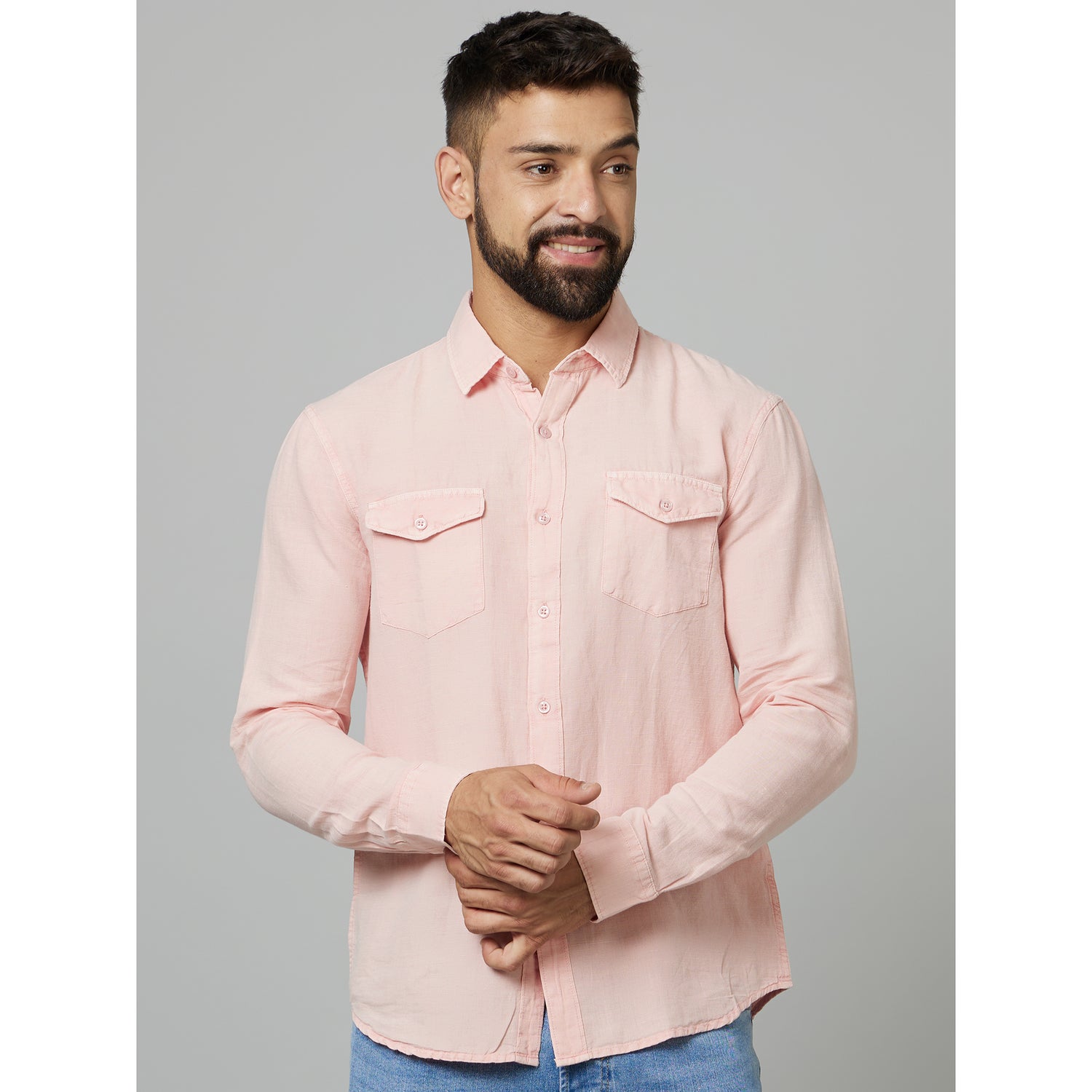 Pink Classic Spread Collar Casual Cotton Shirt (CALINOD)
