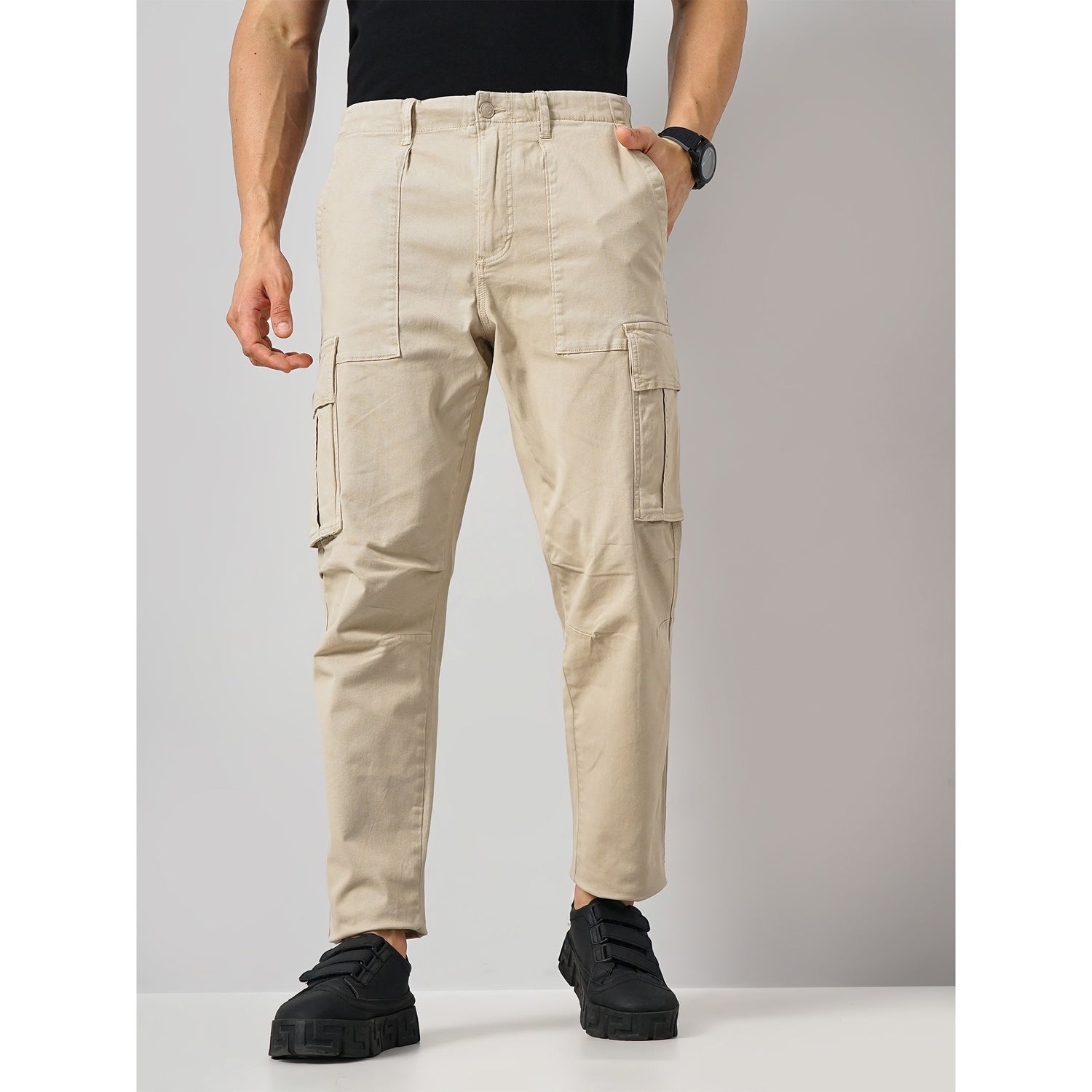 Solid Beige Cotton-Blend Trousers (DOGOIN)