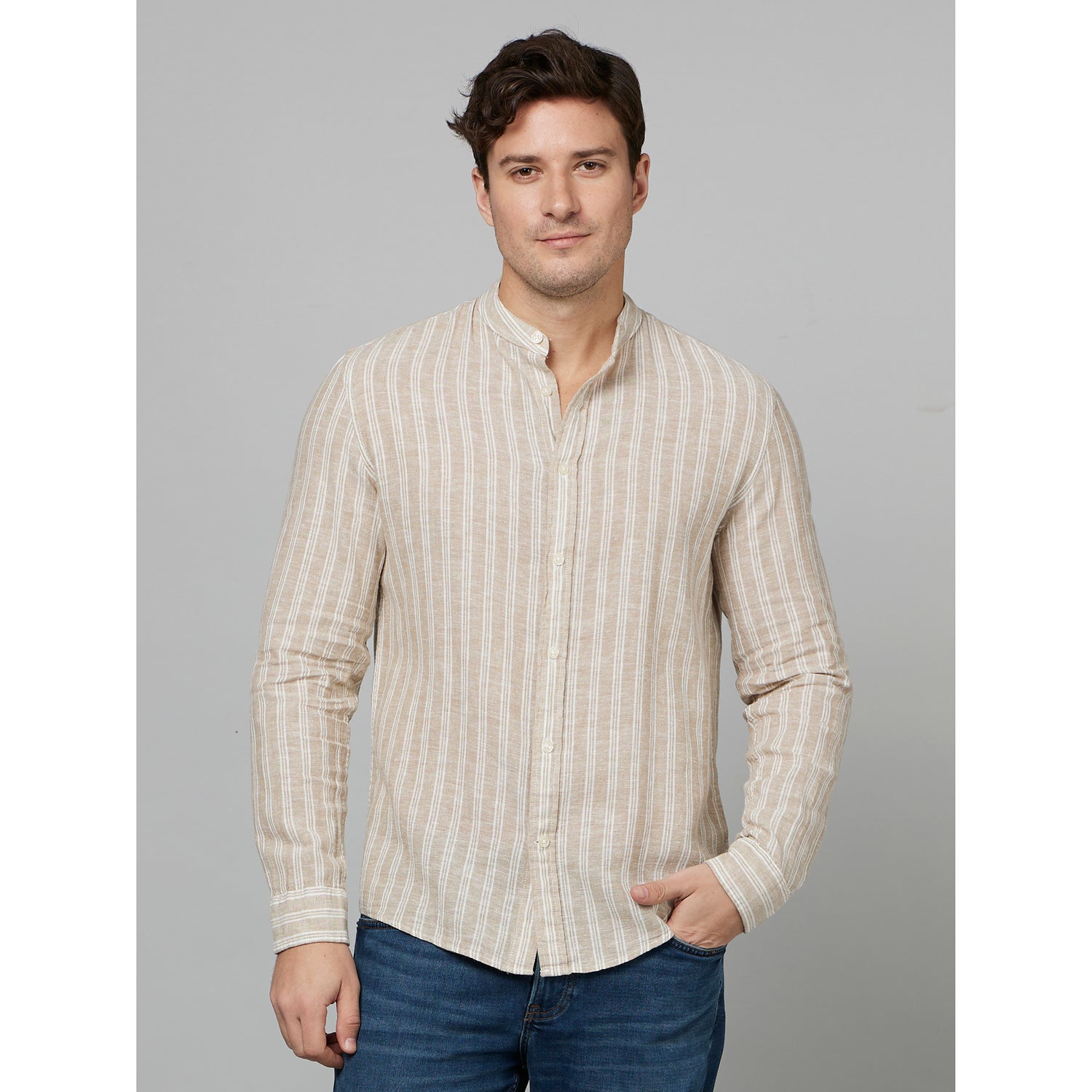 Beige Classic Striped Mandarin Collar Cotton Casual Shirt (DARAYLIN)