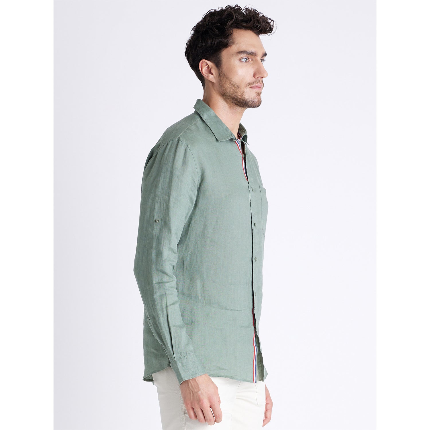Green Spread Collar Linen Casual Shirt (DATALIN1)