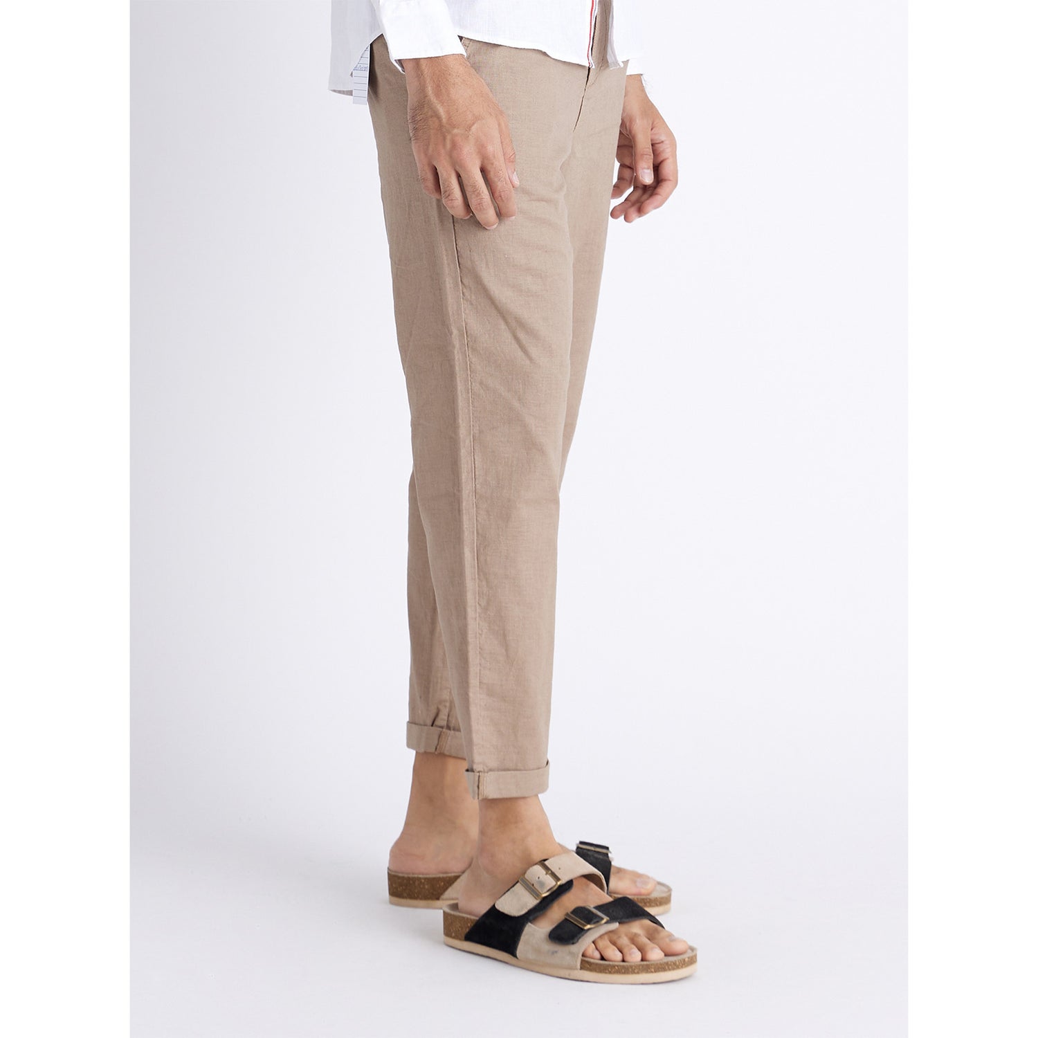Beige Classic Mid-Rise Cotton Trousers (DOLINCO)