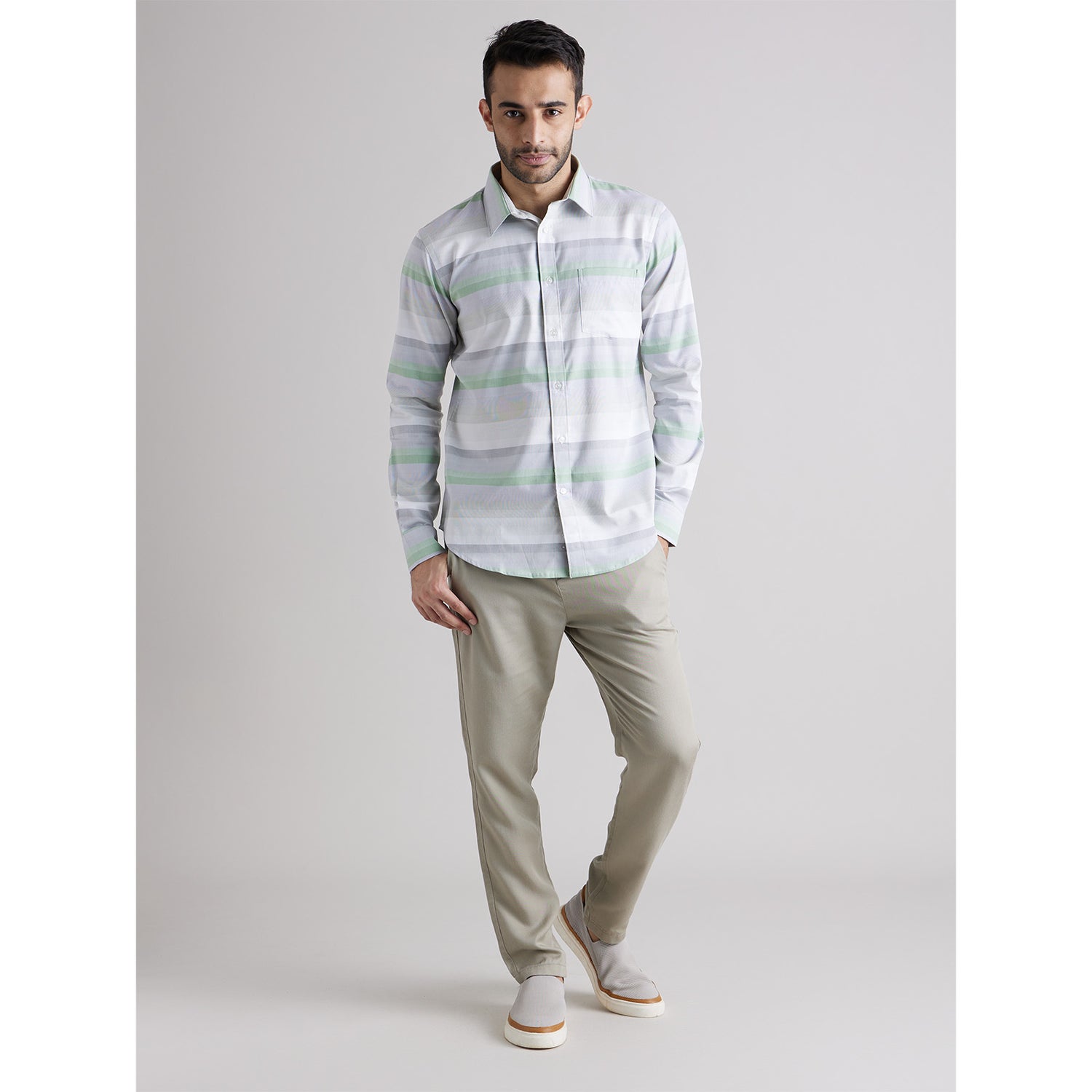 Green Cotton Classic Horizontal Stripes Casual Shirt (CAPRESTRIPE)