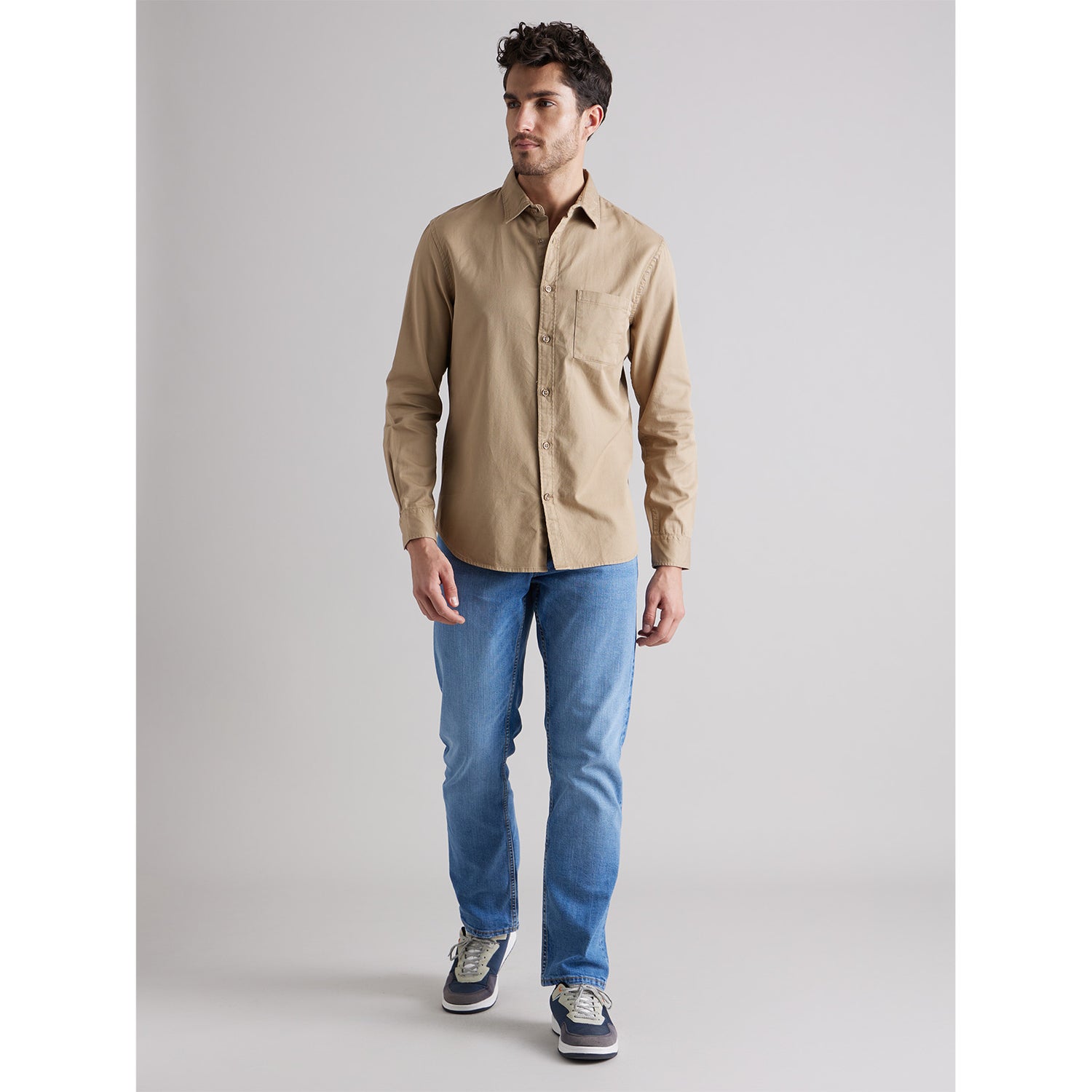 Beige Spread Collar Cotton Casual Shirt (CAODYED)