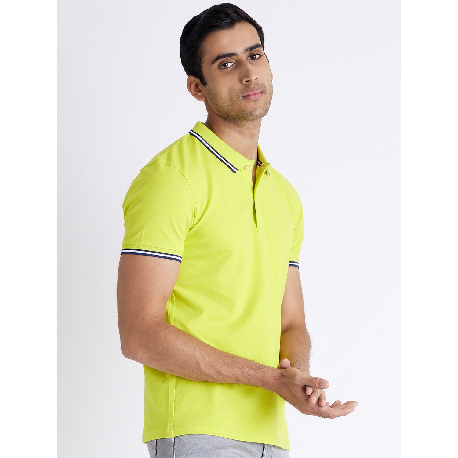 Lime-Green Solid Contrast Collar Polo T-Shirt