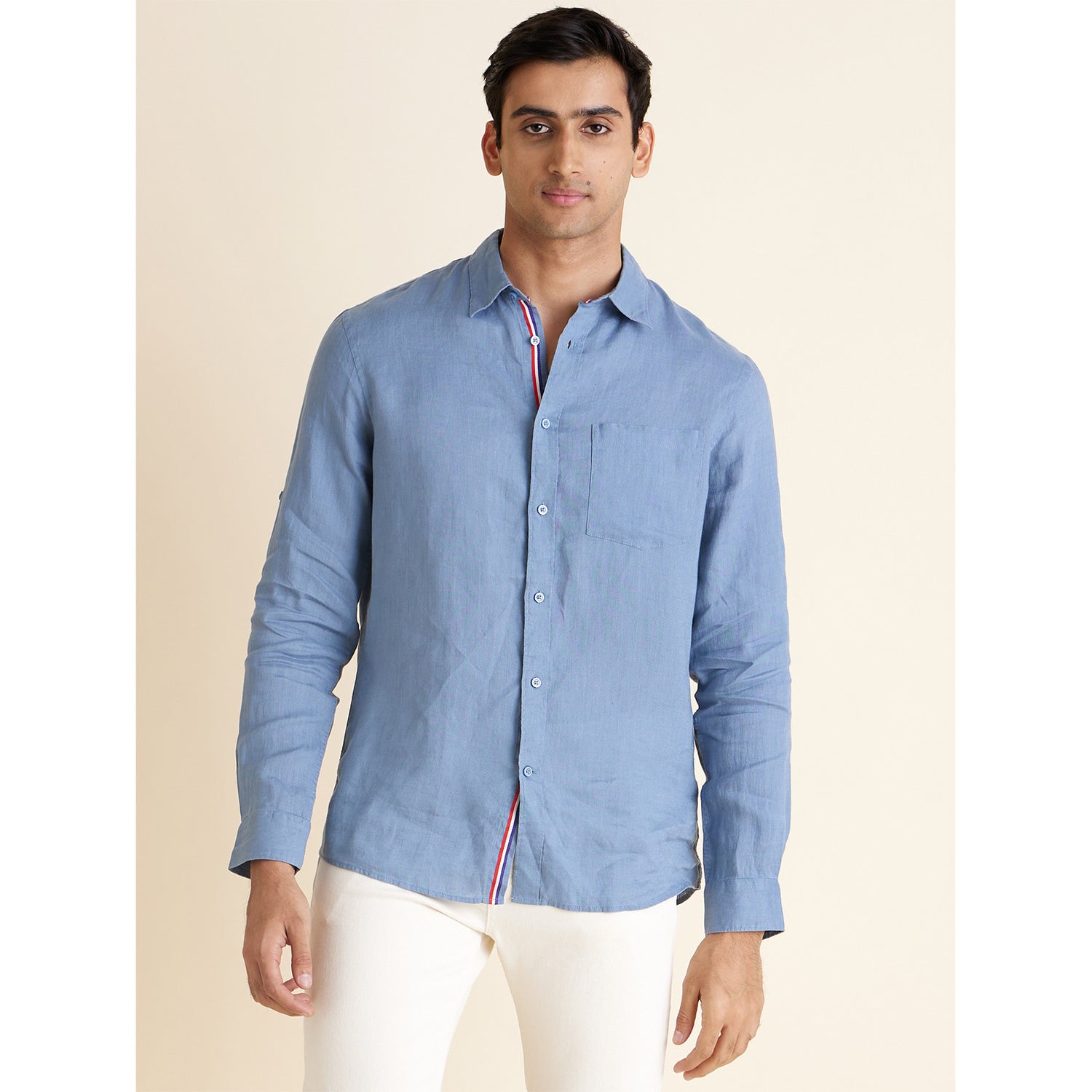 Blue Spread Collar Linen Casual Shirt (DATALIN1)