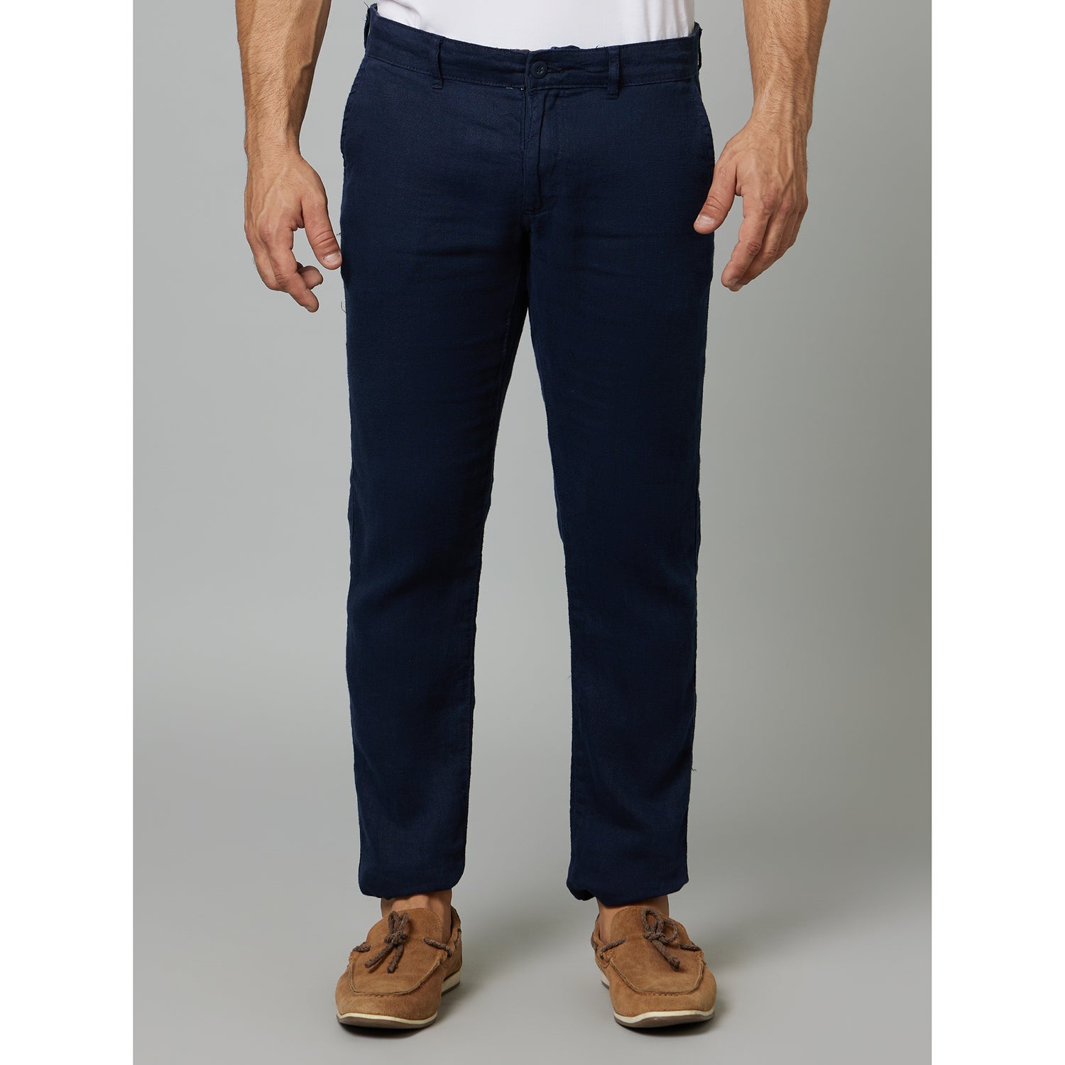 Navy Blue Mid-Rise Slim Fit Linen Trousers (DOFLEXIN)