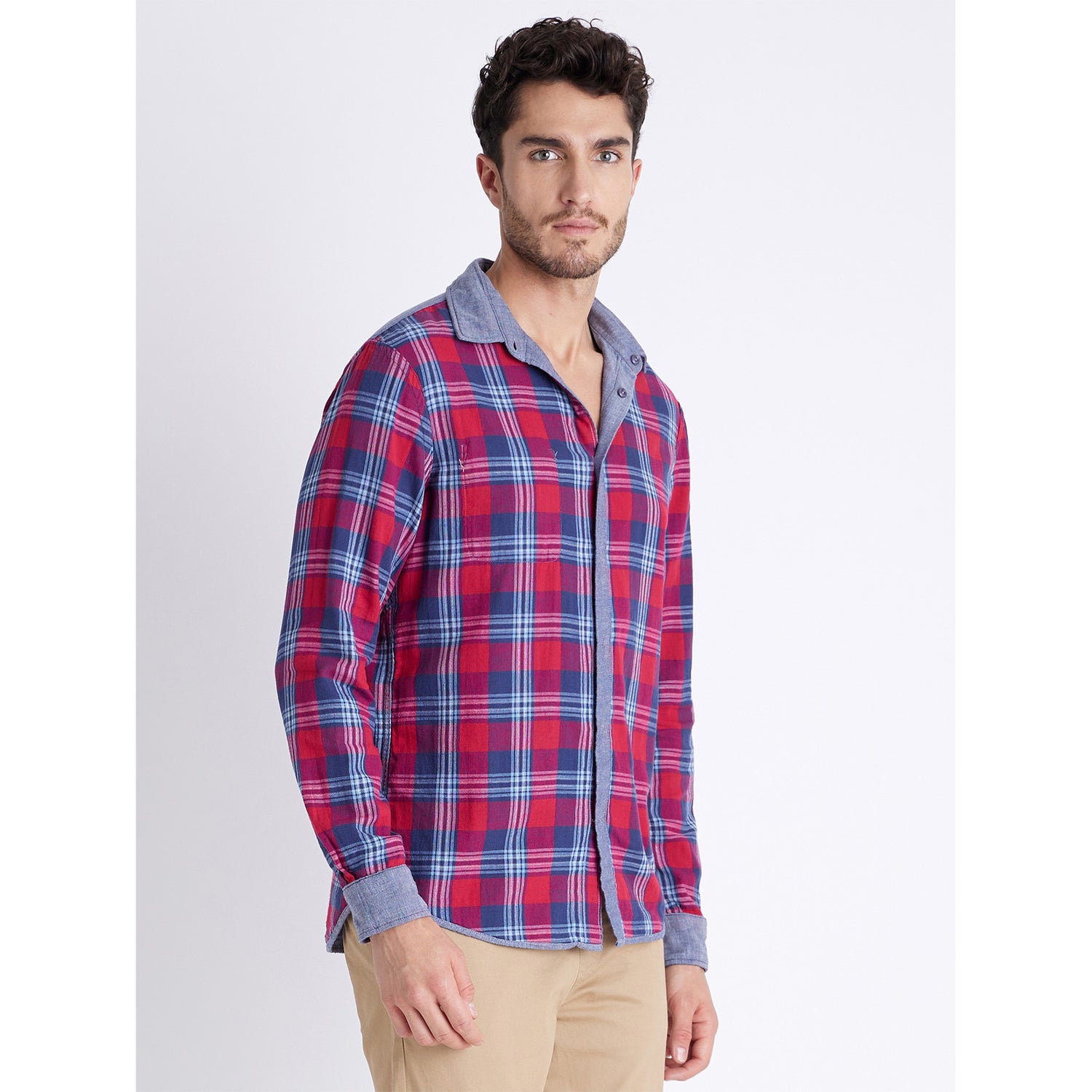 Blue Solid Classic Tartan Checked Casual Cotton Shirt (DATWIN)