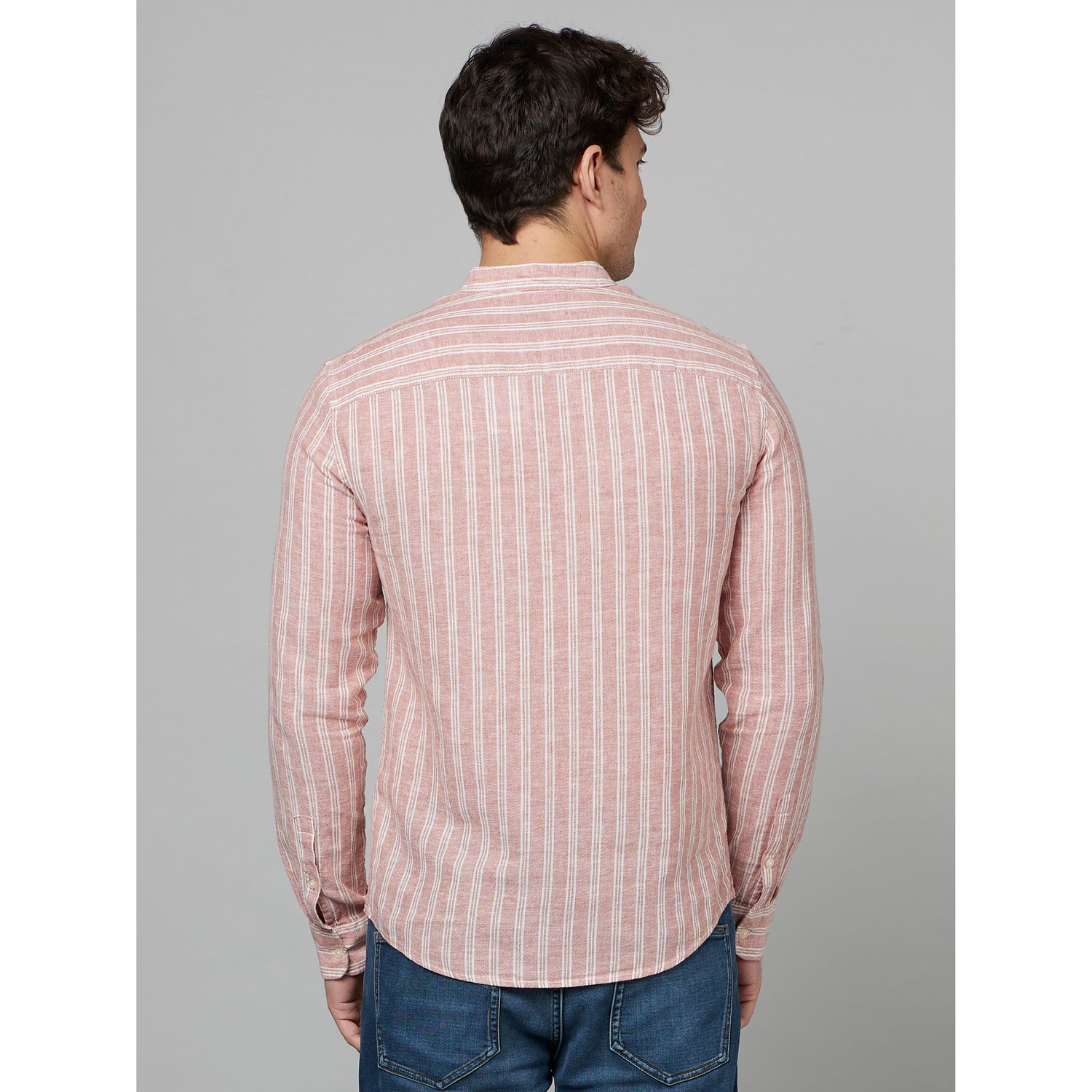 Red Classic Striped Mandarin Collar Cotton Casual Shirt (DARAYLIN)