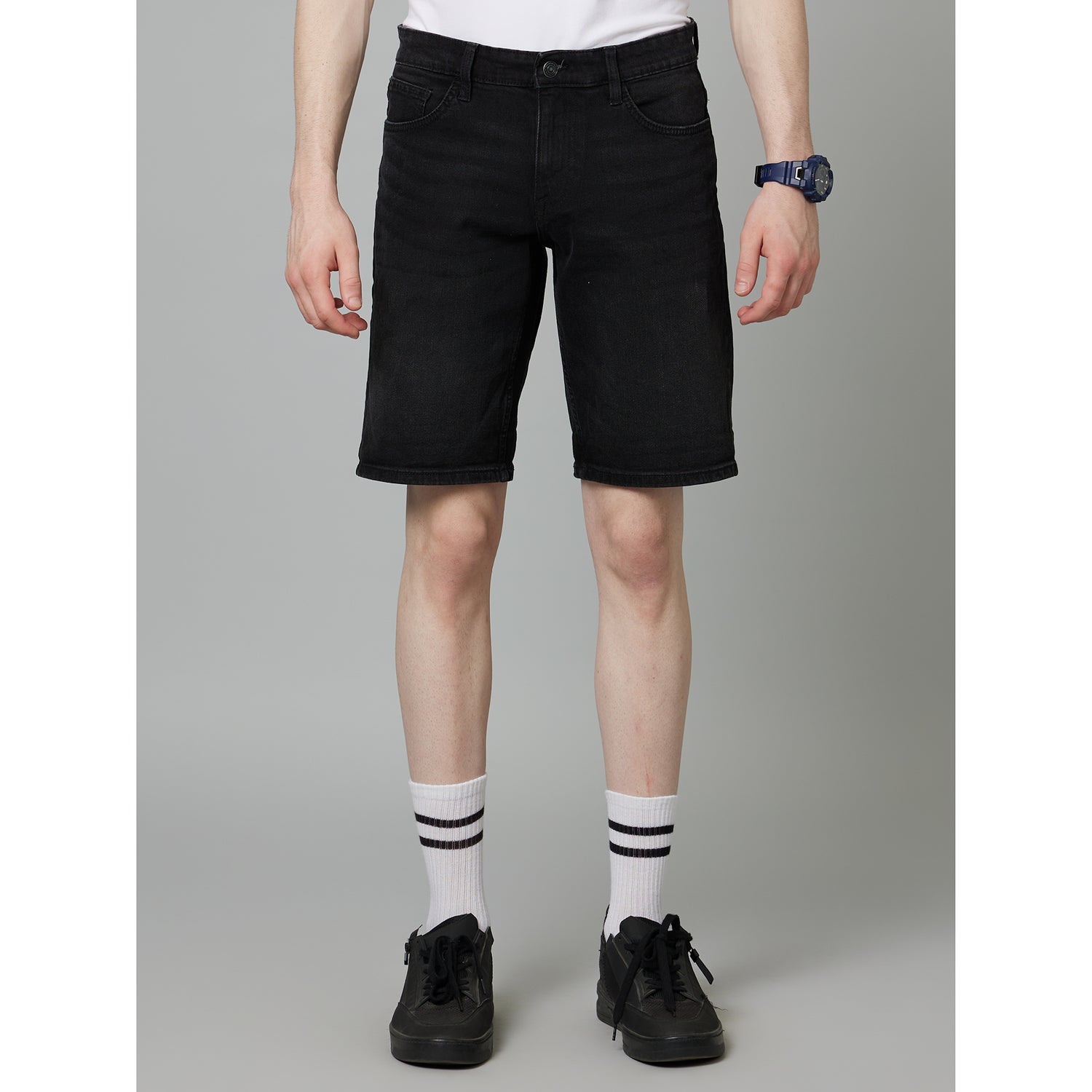 Black Solid Mid-Rise Cotton Denim Shorts (DOFIRSTBM)