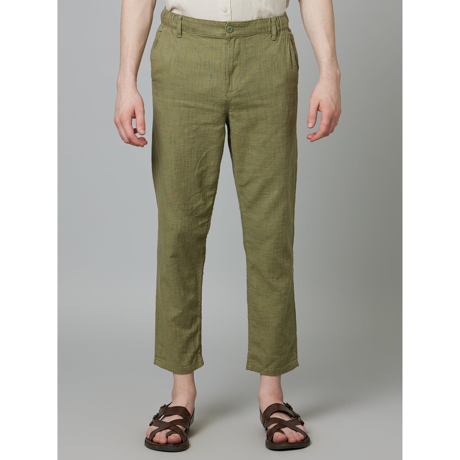 Olive Cotton Checked Slim Fit Trousers (DOZAR)