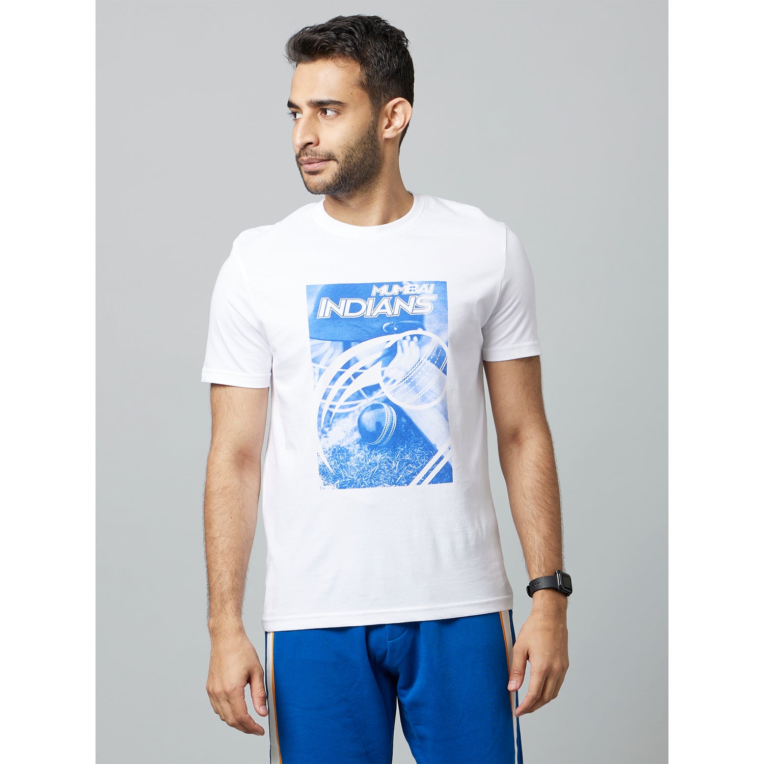 Mumbai Indians - White Printed Knitted Cotton T-Shirt (LCEMITEE2)