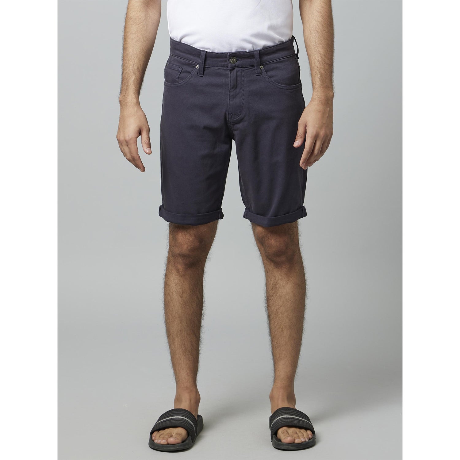 Navy Blue Solid Mid-Rise Cotton Shorts (MOHITOBM1)
