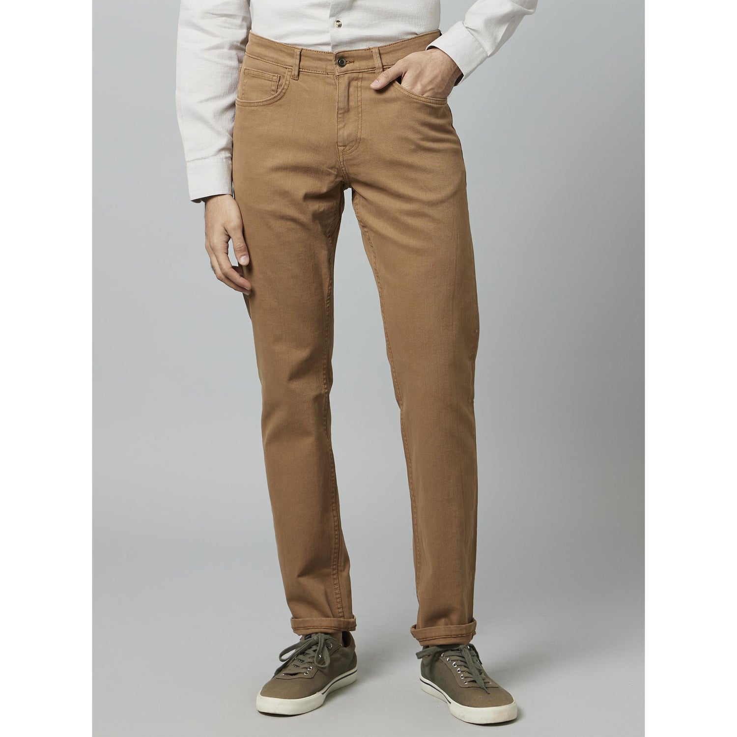 Khaki Solid Cotton Jean Straight Fit Stretchable Jeans (VOPRY1)