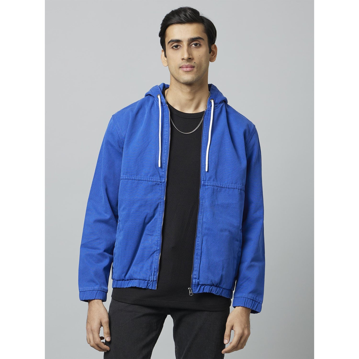 Blue Solid Long Sleeve Fashion Jackets (DUHOOD)