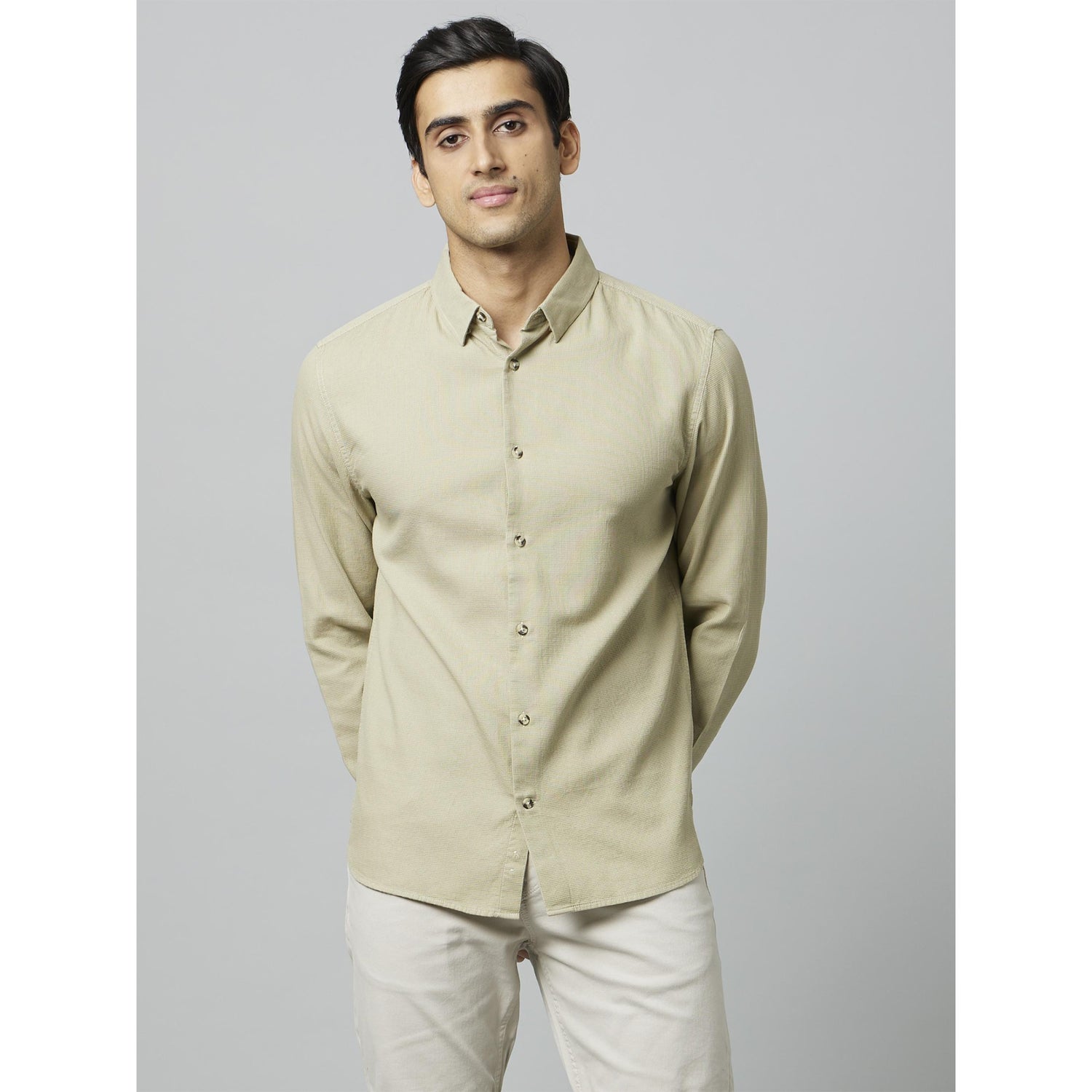 Green Classic Spread Collar Cotton Casual Shirt (DATEXTURE)