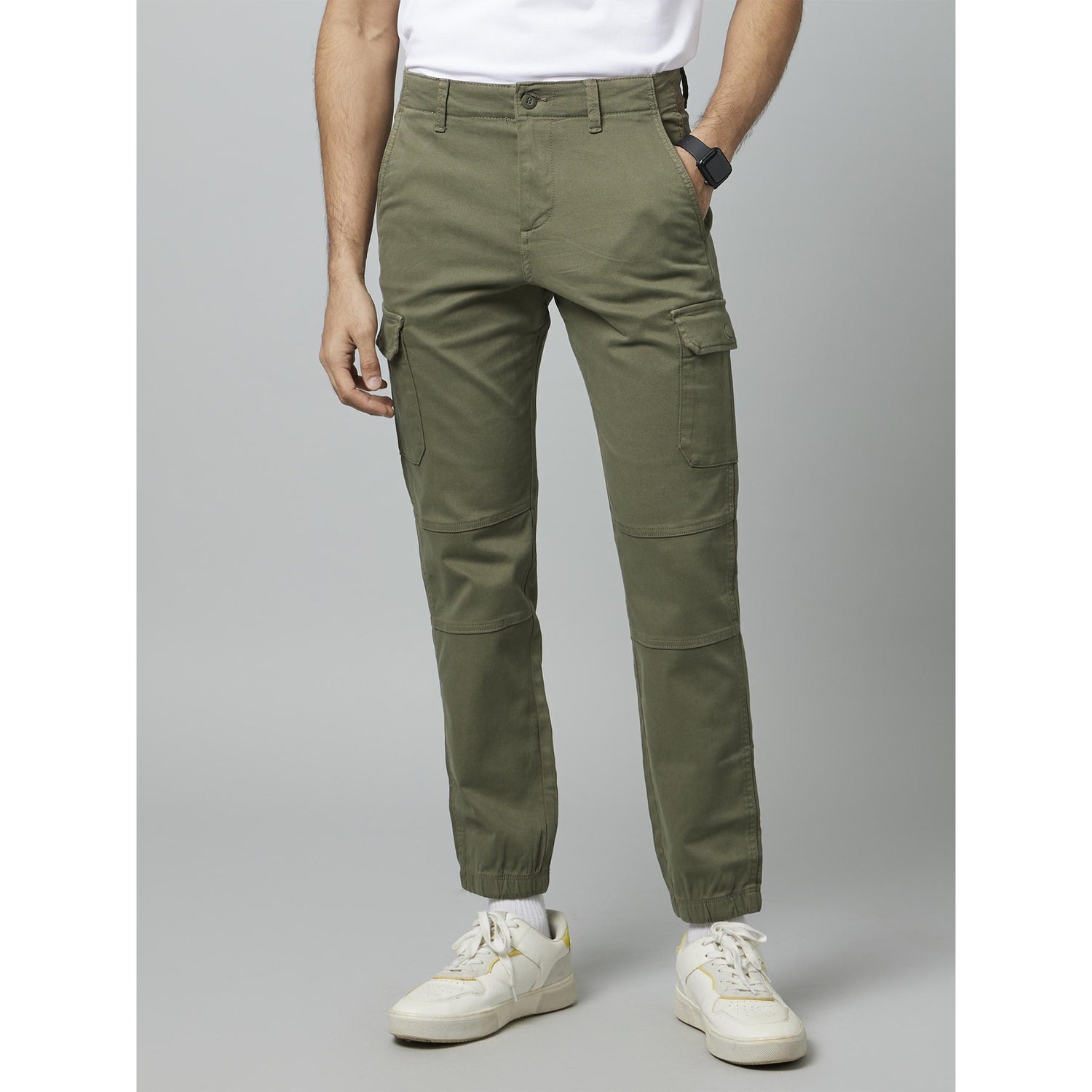 Olive Solid Mid-Rise Plain Classic Cotton Cargo Trousers (DOLYTE)