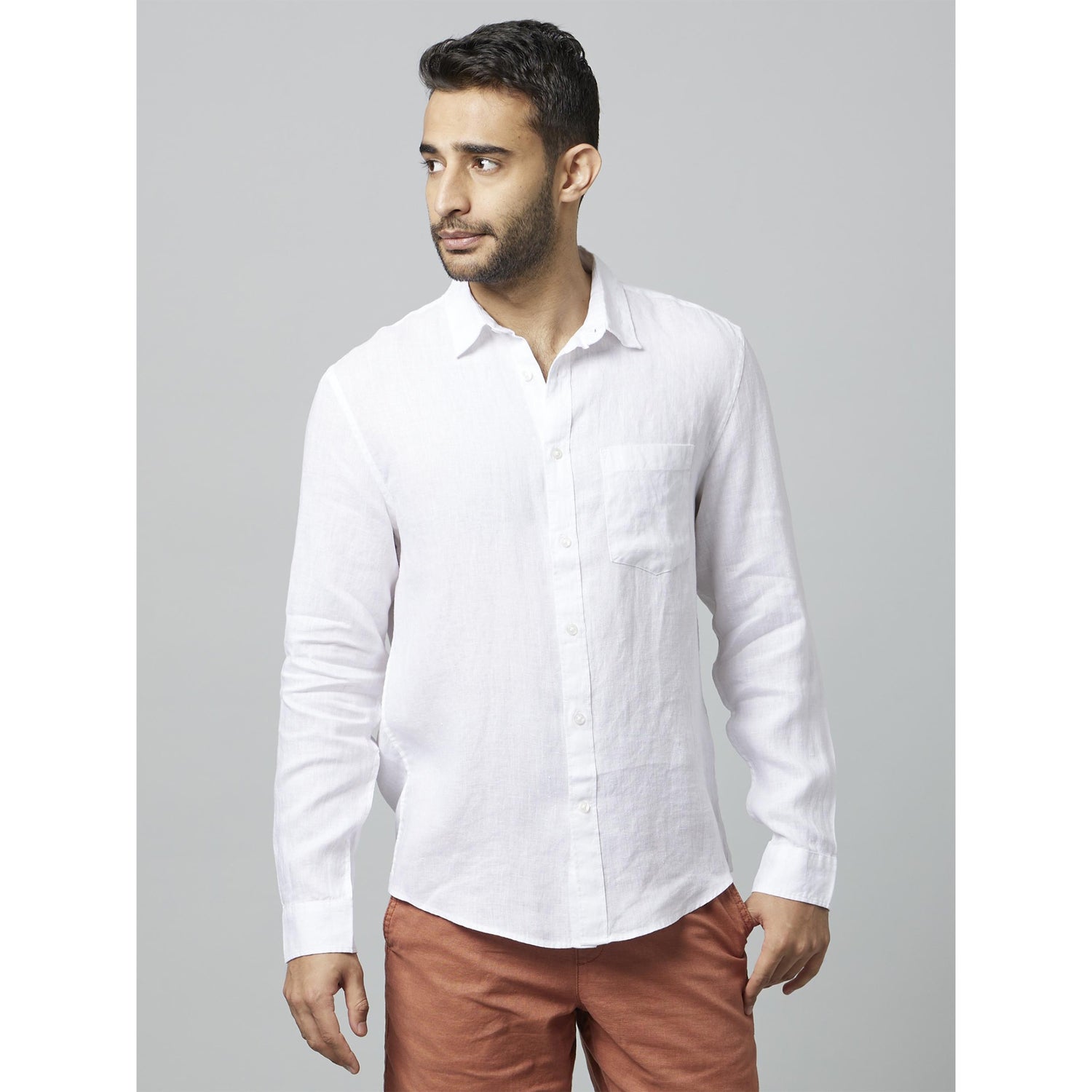 White Classic Spread Collar Linen Casual Shirt (DAFLIX)