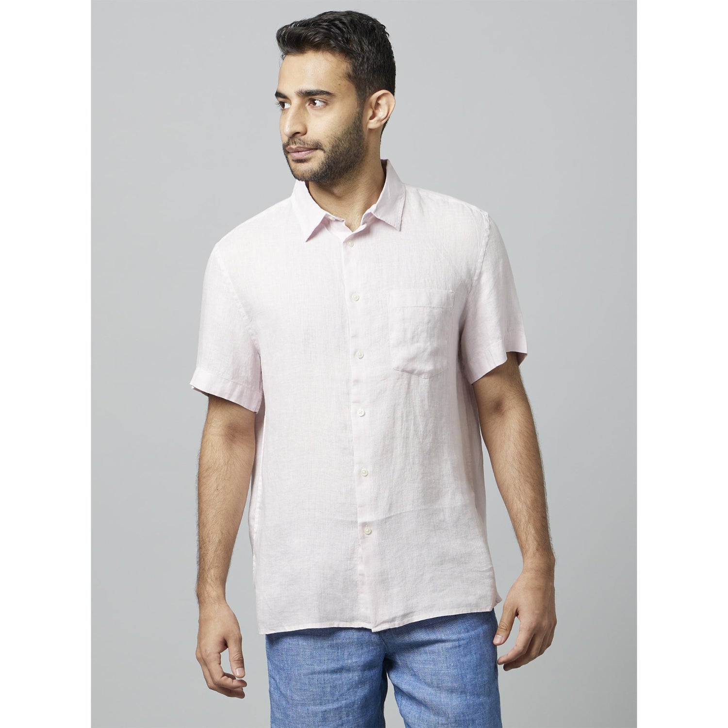 Pink Classic Spread Collar Short Sleeves Linen Casual Shirt (DAMARLIN)