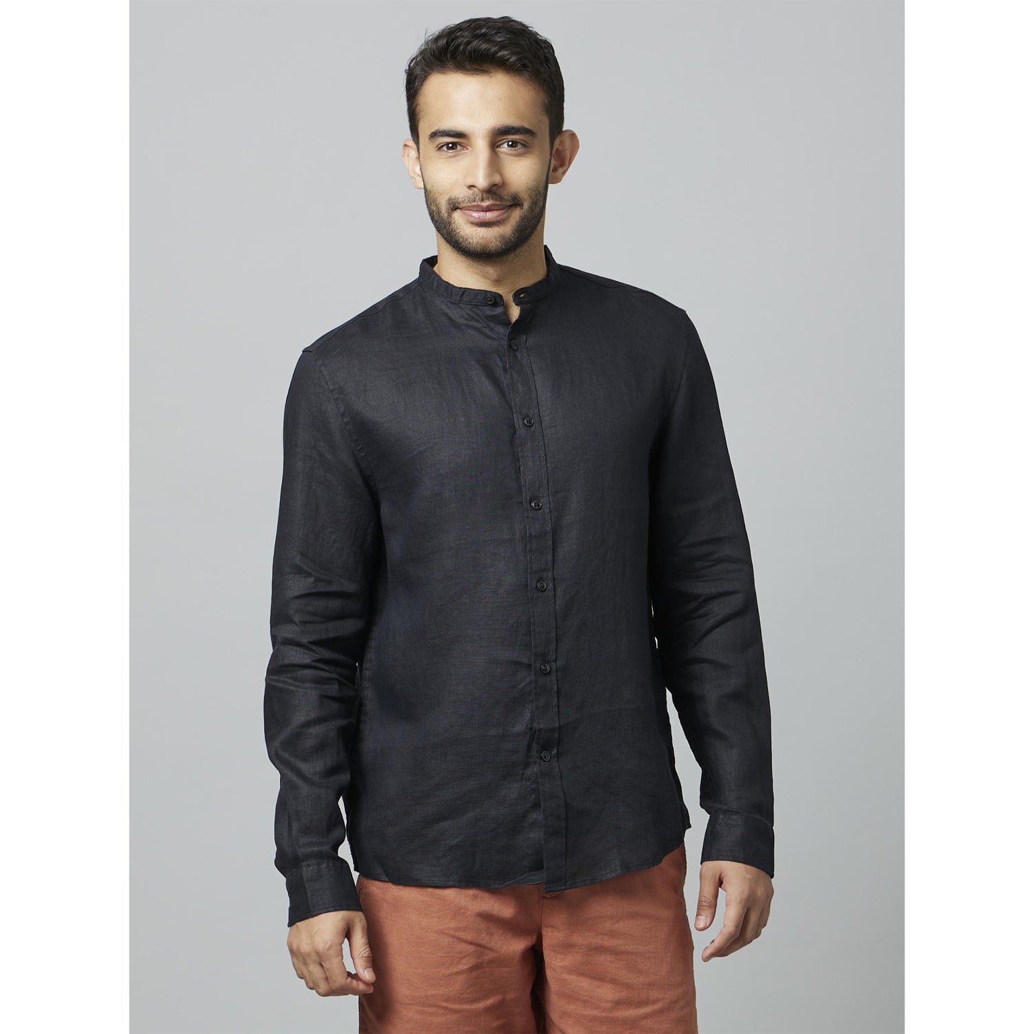 Black Classic Mandarin Collar Linen Casual Shirt (DAMAOLIN)