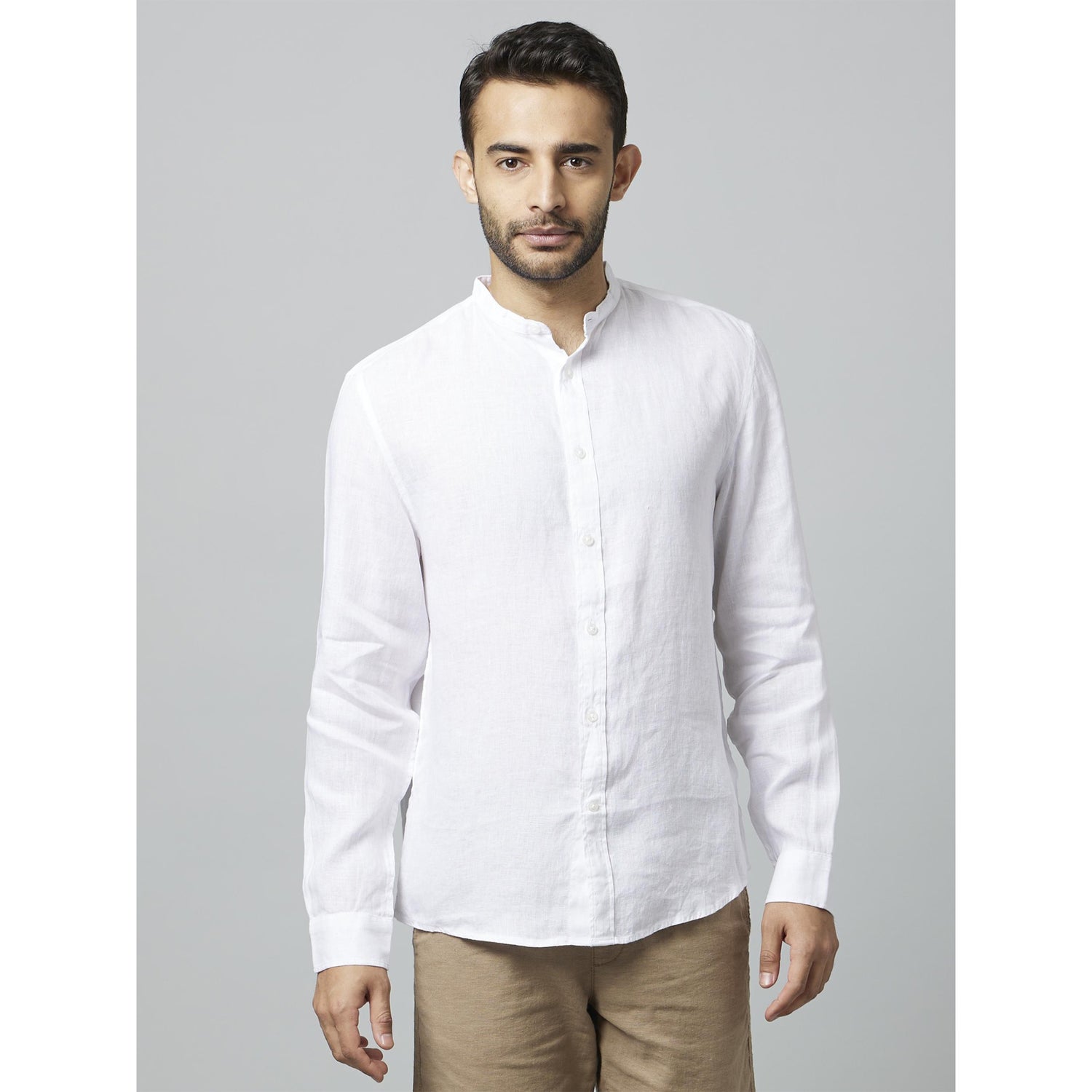 White Classic Mandarin Collar Linen Casual Shirt (DAMAOLIN)