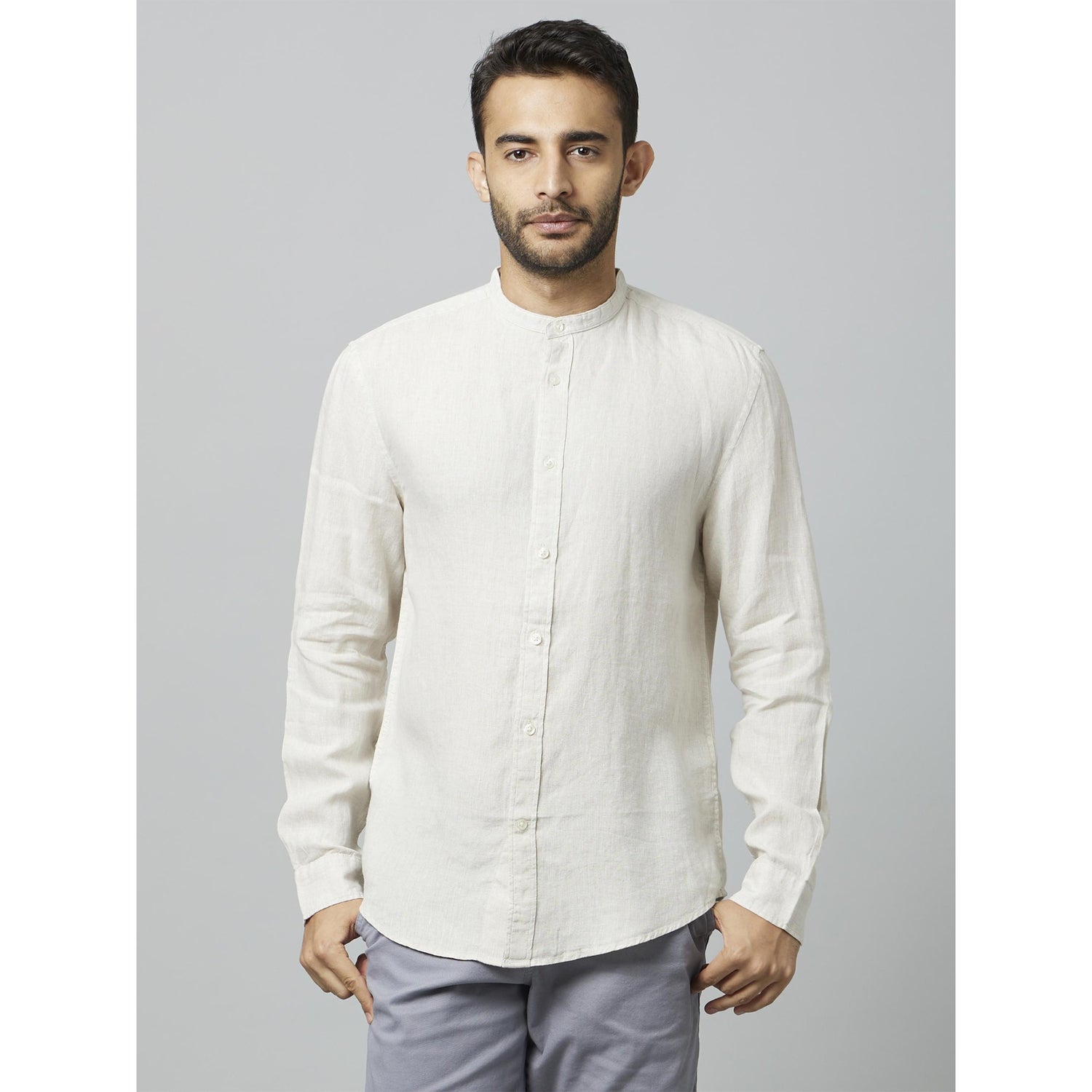 Off White Classic Mandarin Collar Linen Casual Shirt (DAMAOLIN)