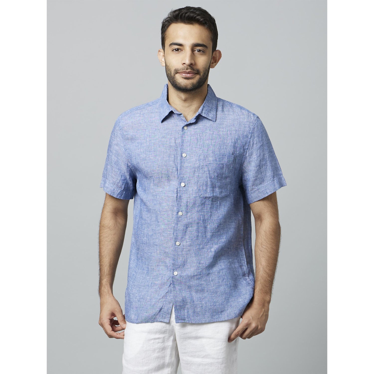 Linen Solid Blue Short Sleeves Shirt