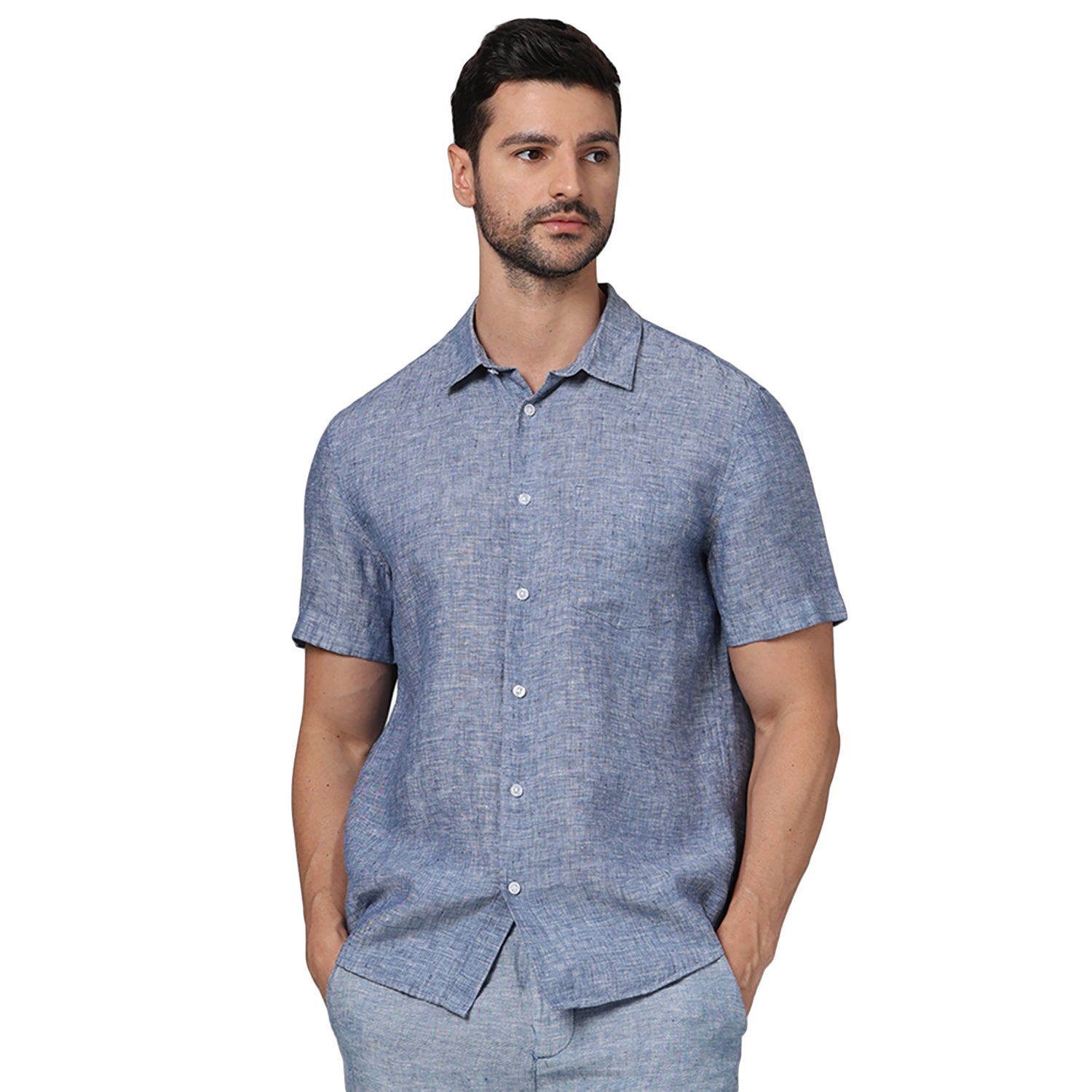 Men Blue Spread Collar Solid Regular Fit Linen Casual Shirt (DAMARLIN)