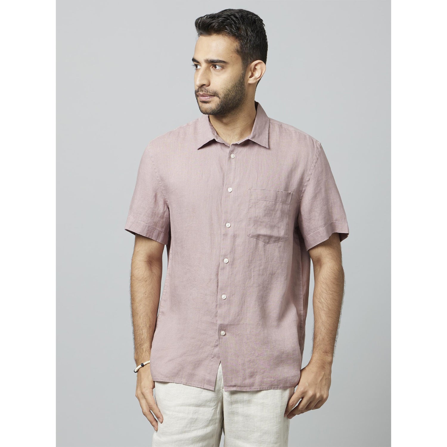 Linen Solid Mauve Short Sleeves Shirt